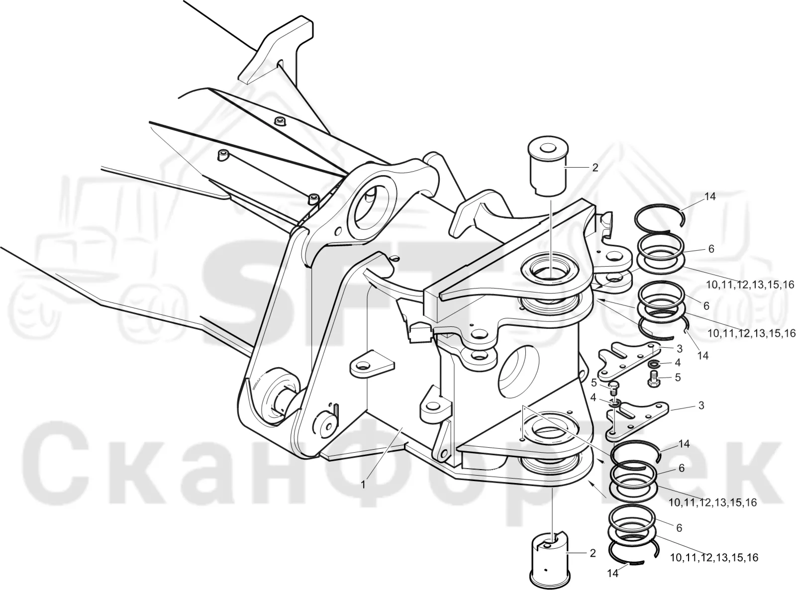 Схема: Komatsu / Лесозаготовительные машины / 951 S/N 9510004367- / Каталог запасных частей / шасси / Рамы / Передний комплект рамы