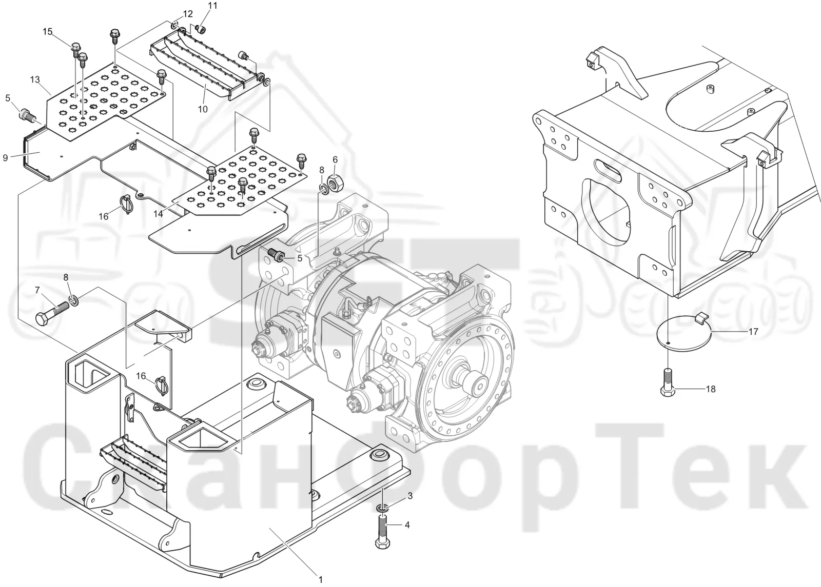 Схема: Komatsu / Лесозаготовительные машины / 951 S/N 9510004367- / Каталог запасных частей / шасси / Картеры нижние / Передний нижний картер