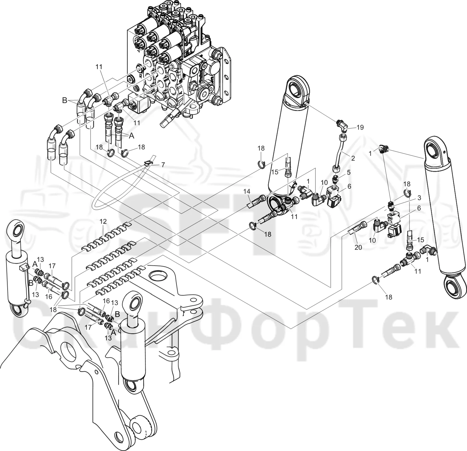 Схема: Komatsu / Лесозаготовительные машины / 951 S/N 9510004367- / Каталог запасных частей / шасси / Оборудование наклона / Гидравлическое оборудование наклона