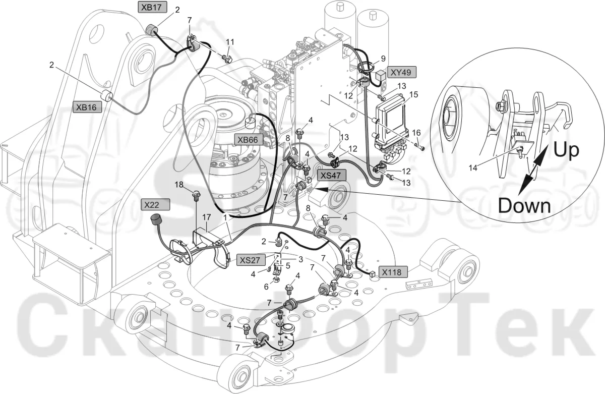 Схема: Komatsu / Лесозаготовительные машины / 951 S/N 9510004367- / Каталог запасных частей / шасси / Оборудование наклона / Комплект электрооборудования наклона