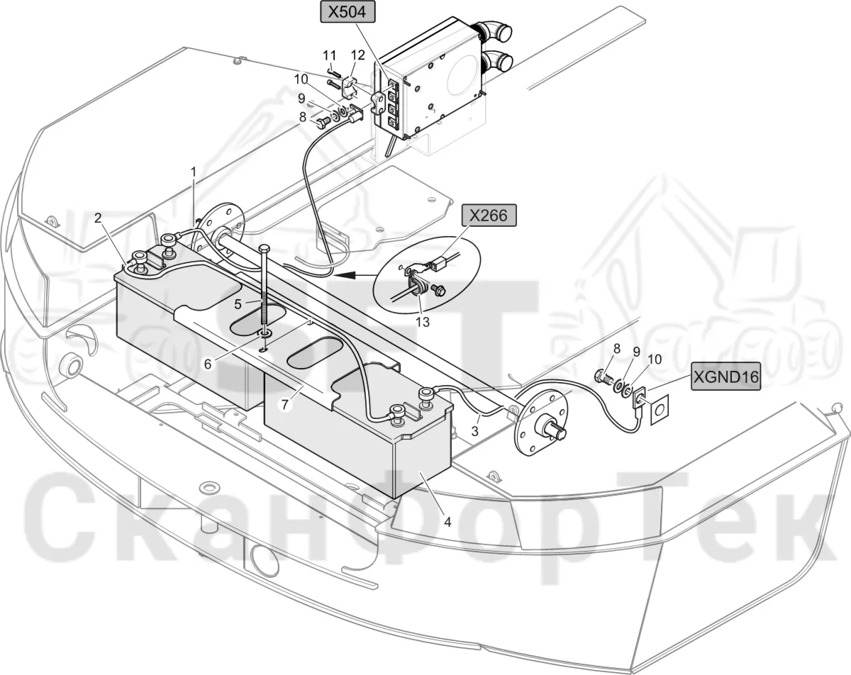 Схема: Komatsu / Лесозаготовительные машины / 901 S/N 9010053267- / Каталог запасных частей / шасси / Электрический Оборудование / Комплект электрооборудования аккумуляторной батареи 170 А-час