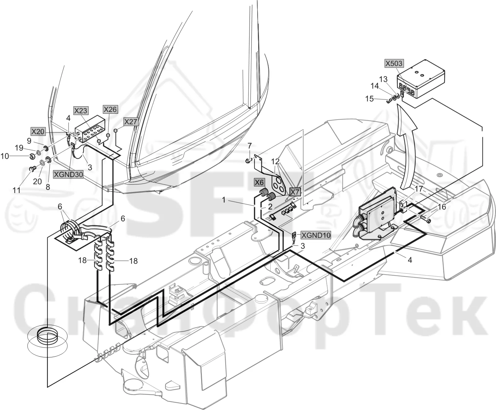 Схема: Komatsu / Лесозаготовительные машины / 931 S/N 9310021067- / Каталог запасных частей / шасси / Электрический Оборудование / Комплект кабелей шасси