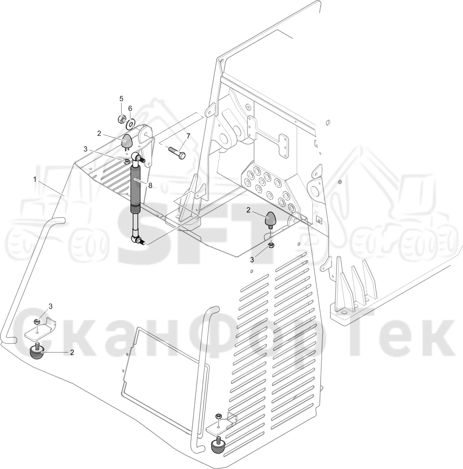 Схема: Komatsu / Лесозаготовительные машины / 951 S/N 9510004367- / Каталог запасных частей / шасси / Капоты / Капот, бак гидравлики