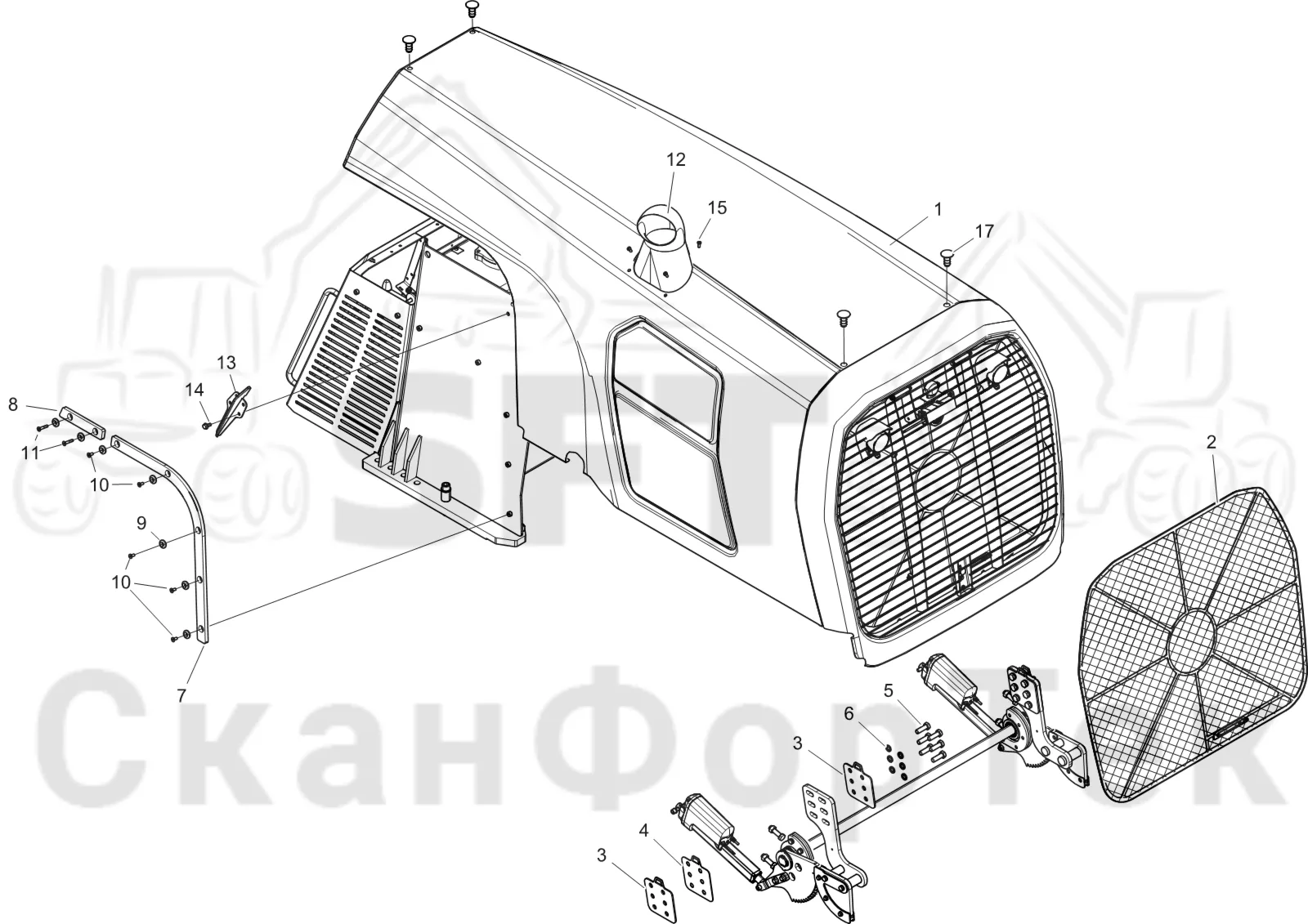 Схема: Komatsu / Лесозаготовительные машины / 951 S/N 9510004367- / Каталог запасных частей / шасси / Капоты / Капот двигателя Крышка