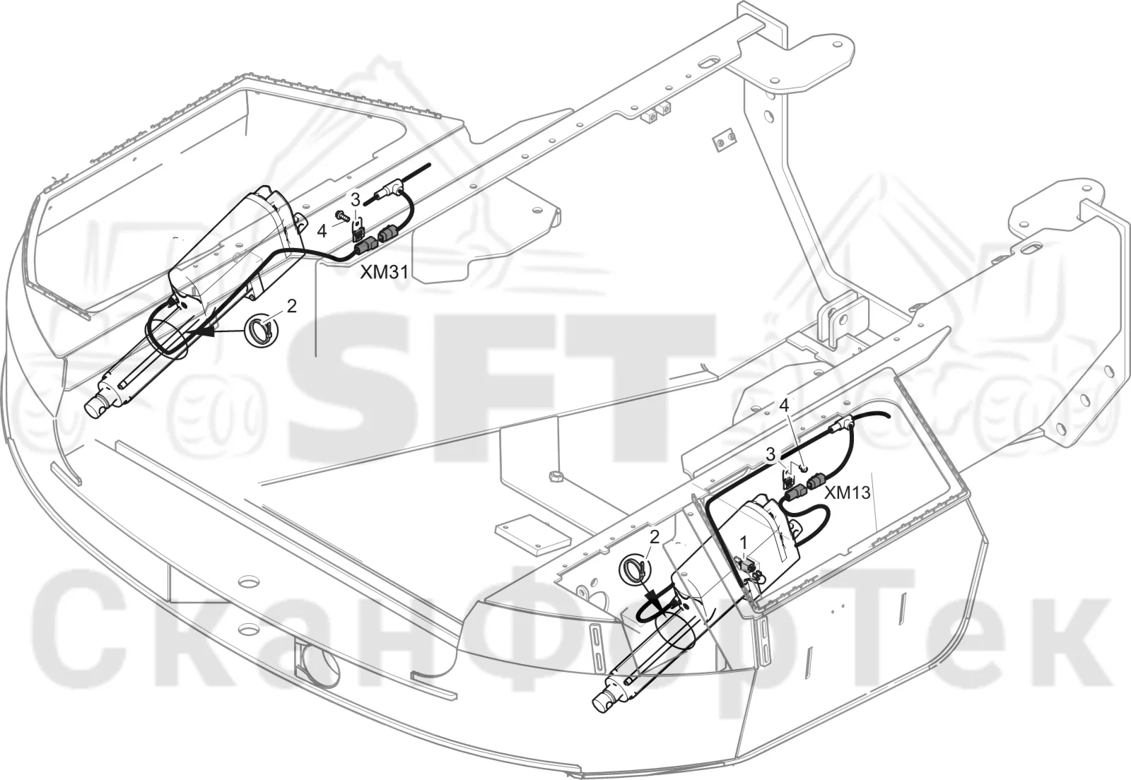 Схема: Komatsu / Лесозаготовительные машины / 931XC S/N 9313021208- / Каталог запасных частей / шасси / Капоты / Комплект электрооборудования подъемника капота