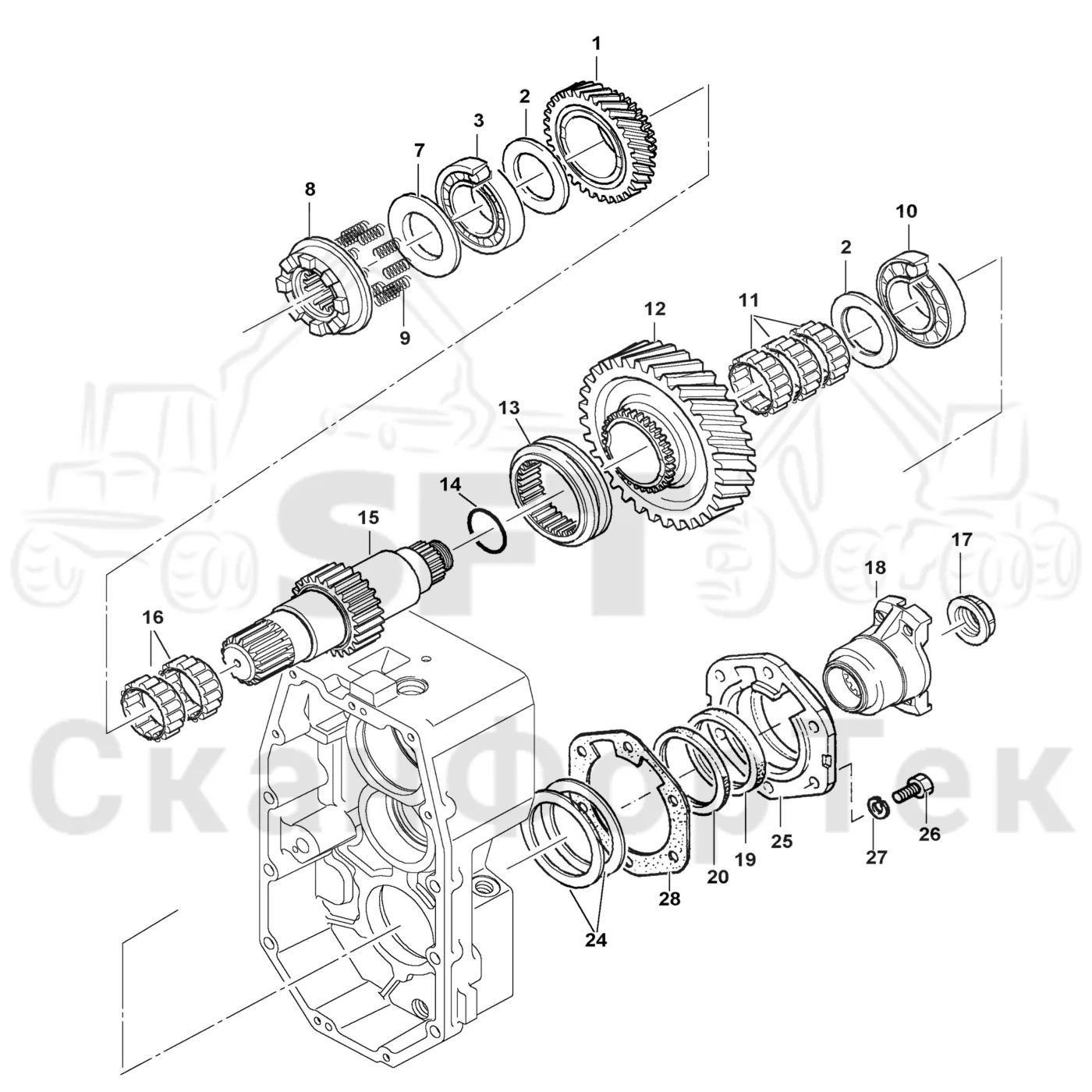 Схема: Komatsu / Лесозаготовительные машины / 951 S/N 9510004367- / Каталог запасных частей / Коробка передач / Редуктор / Комплект шестерен выходного вала