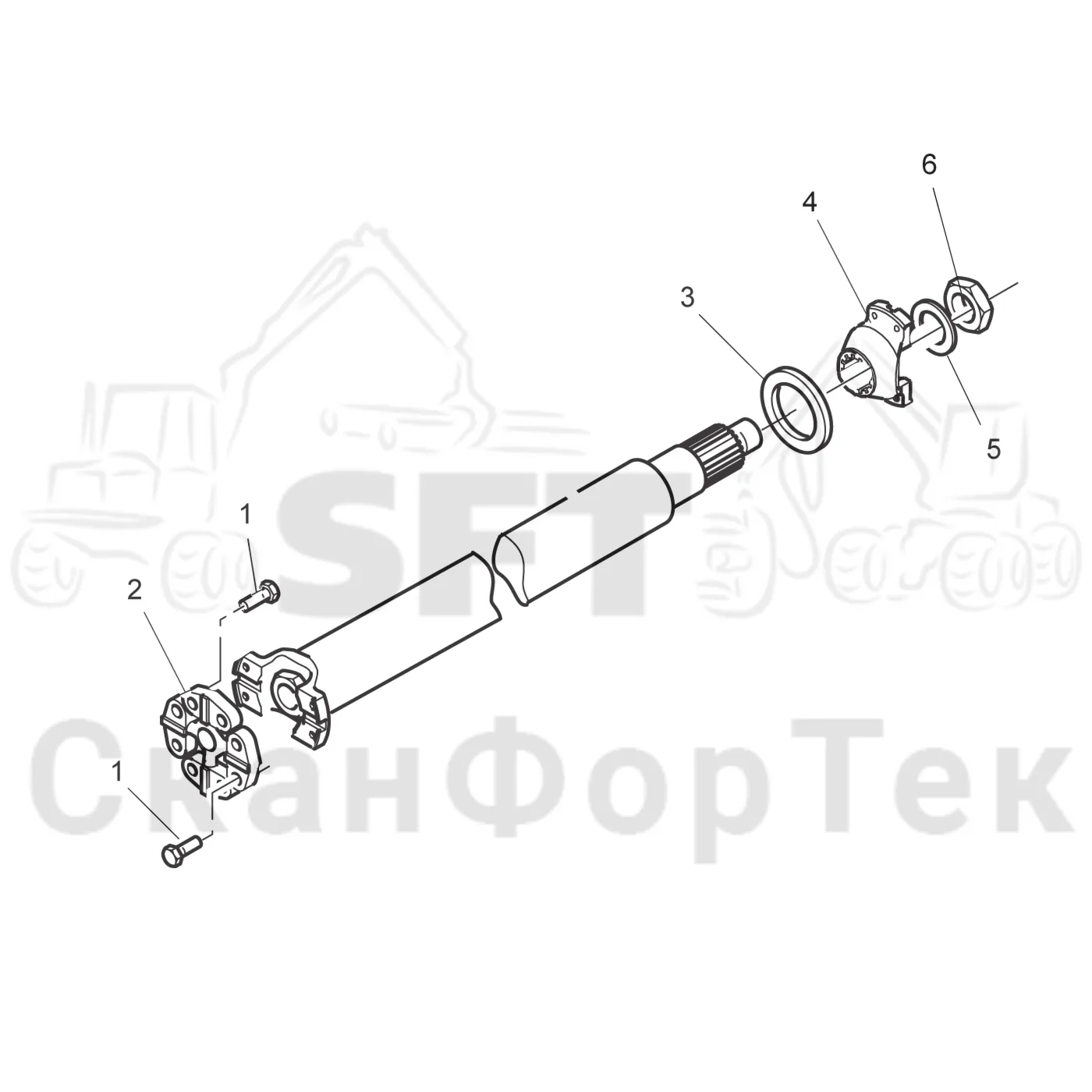Схема: Komatsu / Лесозаготовительные машины / 951 S/N 9510004367- / Каталог запасных частей / Коробка передач / Карданная передача 6WD / Карданный вал