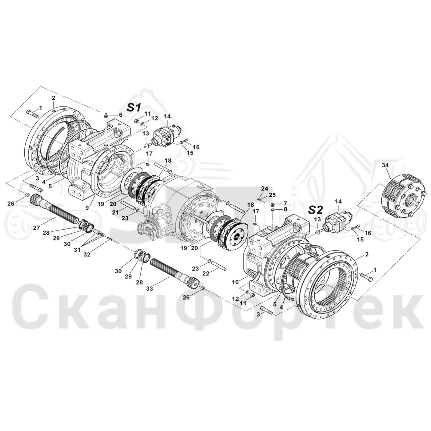 Схема: Komatsu / Форвардер / 895 S/N 8950011010- / Каталог запасных частей / Коробка передач / Мост каретки / каретки / каретки Картер ведущего моста