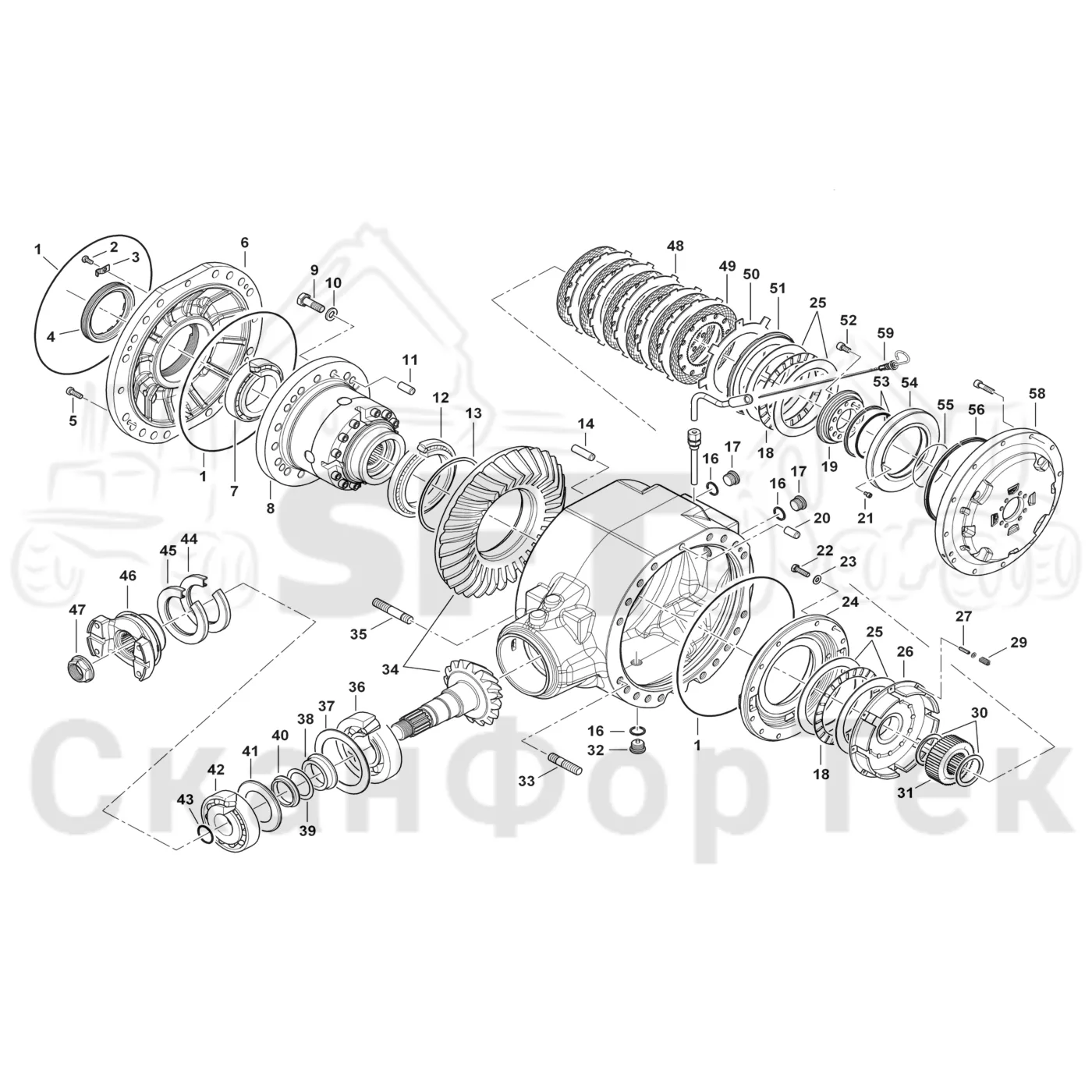 Схема: Komatsu / Форвардер / 895 S/N 8950011010- / Каталог запасных частей / Коробка передач / Мост каретки / каретки / Дифференциал