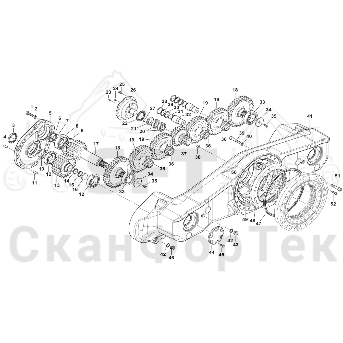 Схема: Komatsu / Лесозаготовительные машины / 951 S/N 9510004367- / Каталог запасных частей / Коробка передач / каретки / Корпус каретки