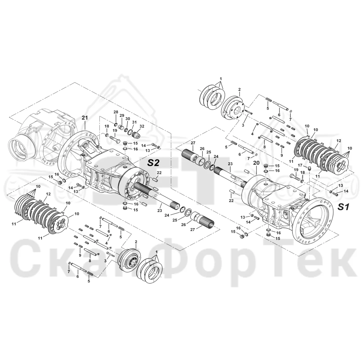 Схема: Komatsu / Лесозаготовительные машины / 951 S/N 9510004367- / Каталог запасных частей / Коробка передач / Ось / Картер ведущего моста