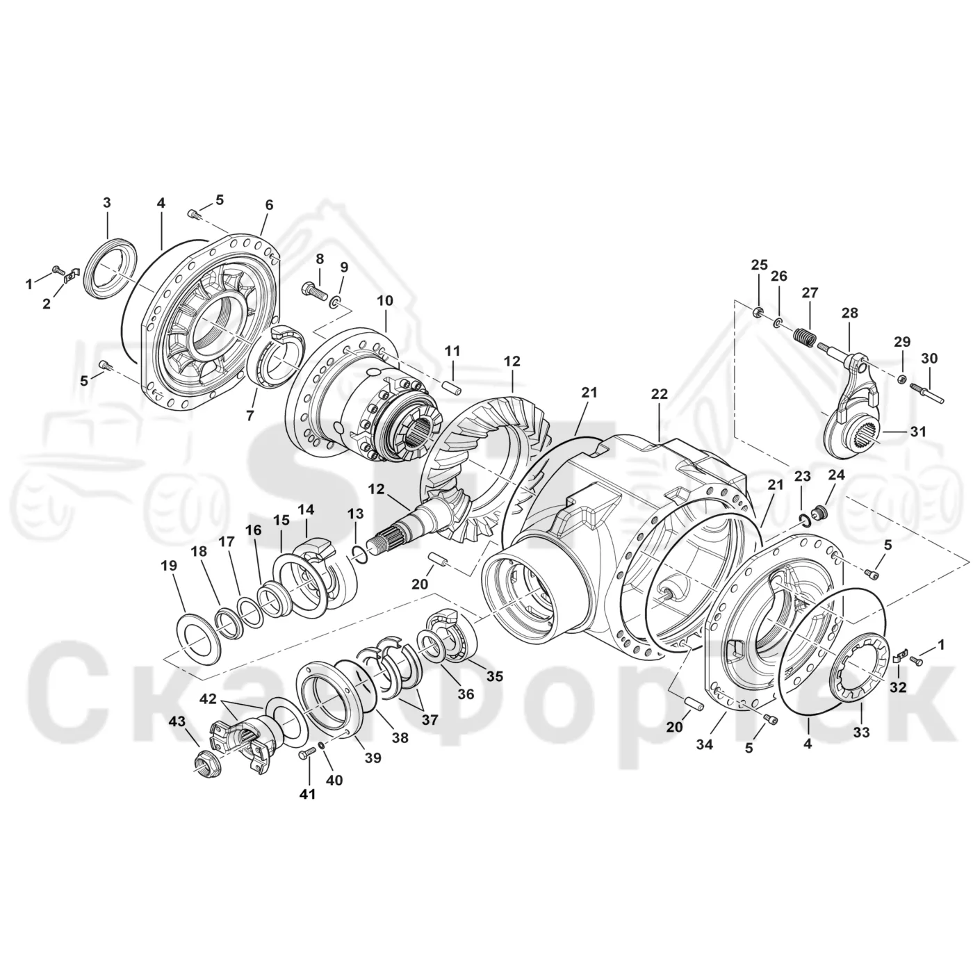 Схема: Komatsu / Лесозаготовительные машины / 951 S/N 9510004367- / Каталог запасных частей / Коробка передач / Ось / Дифференциал