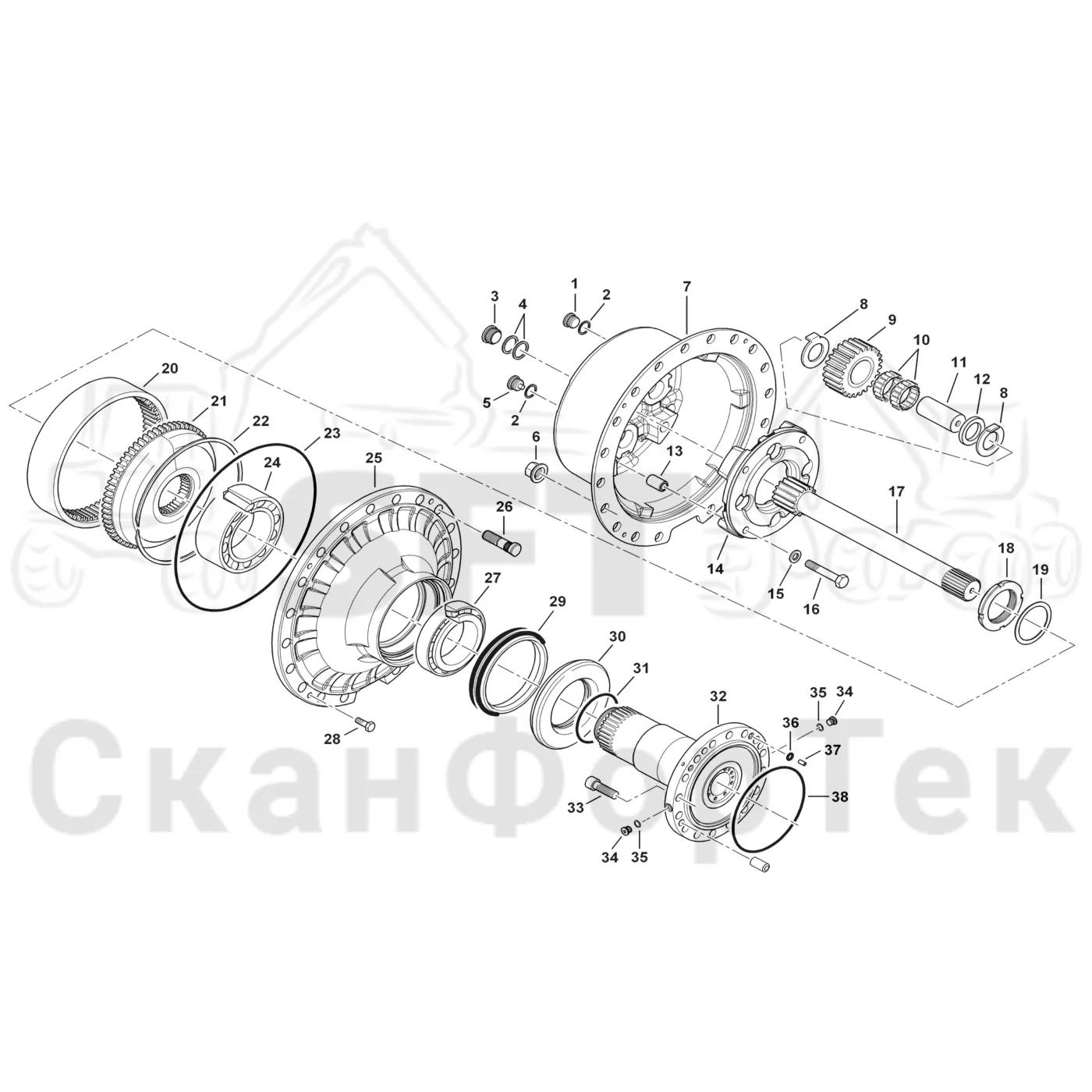 Схема: Komatsu / Лесозаготовительные машины / 951 S/N 9510004367- / Каталог запасных частей / Коробка передач / Ось / Редуктор ступицы