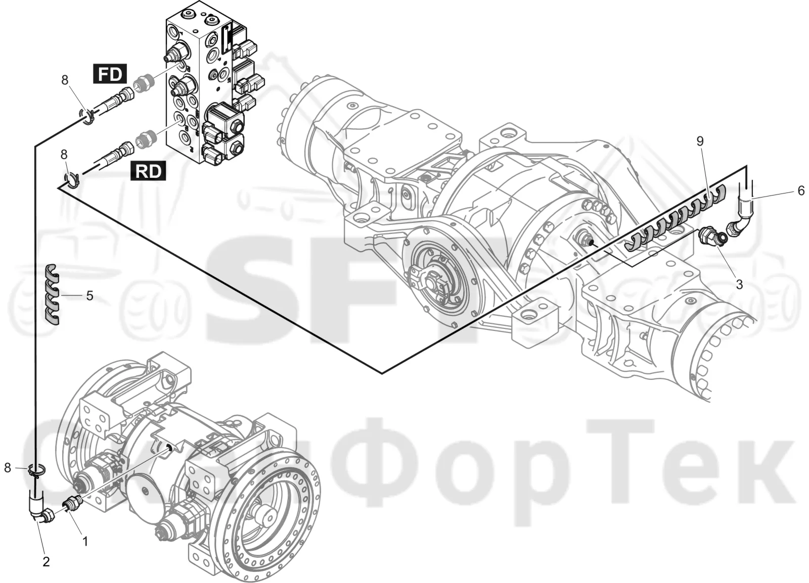 Схема: Komatsu / Лесозаготовительные машины / 951 S/N 9510004367- / Каталог запасных частей / Коробка передач / Блокировка дифференциала / Блокировка дифференциала на 6 колес