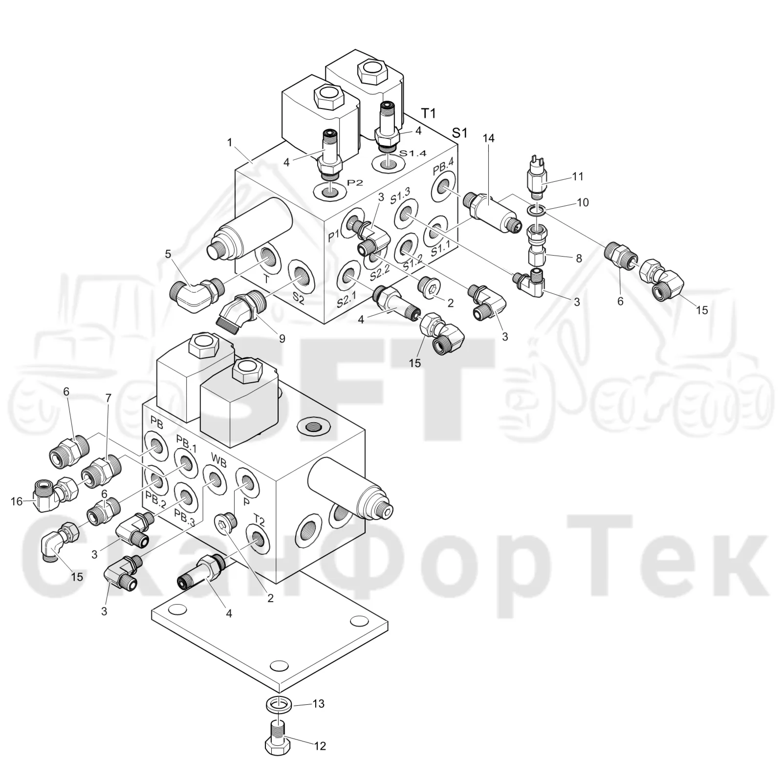 Схема: Komatsu / Лесозаготовительные машины / 931XC S/N 9313021208- / Каталог запасных частей / Тормоза / Тормоза на 8 колес / Блок клапанов, тормоза