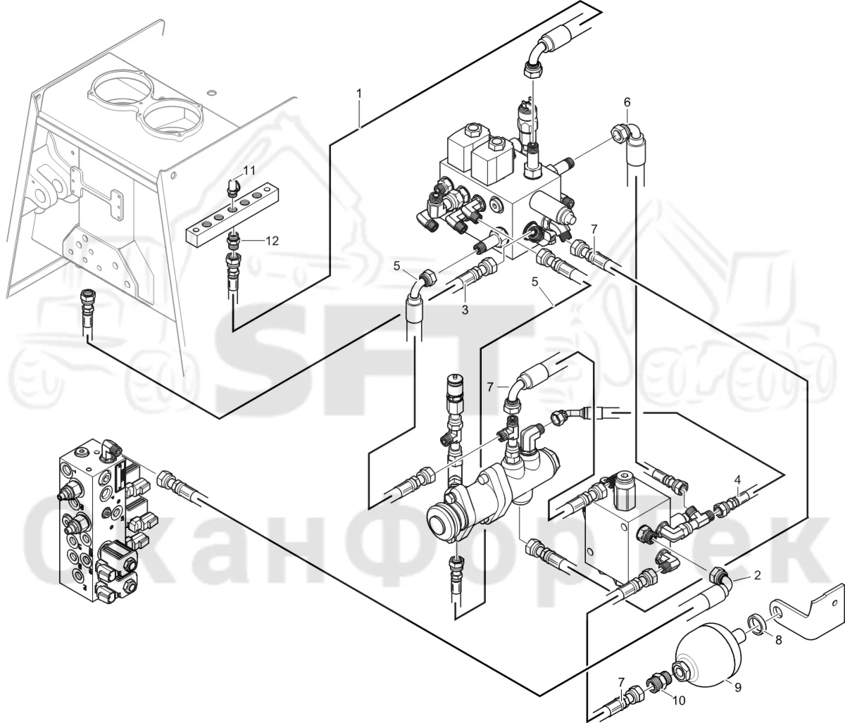 Схема: Komatsu / Лесозаготовительные машины / 951 S/N 9510004367- / Каталог запасных частей / Тормоза / Тормоза на 6 колес / Аккумуляторная батарея