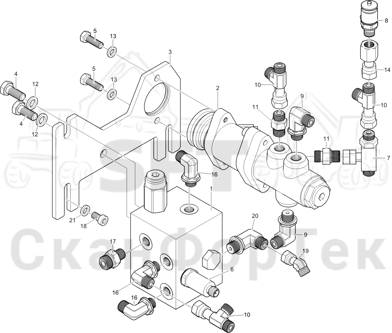 Схема: Komatsu / Лесозаготовительные машины / 911 S/N 9112062167- / Каталог запасных частей / Тормоза / Тормоза на 6 колес / Тормозной клапан