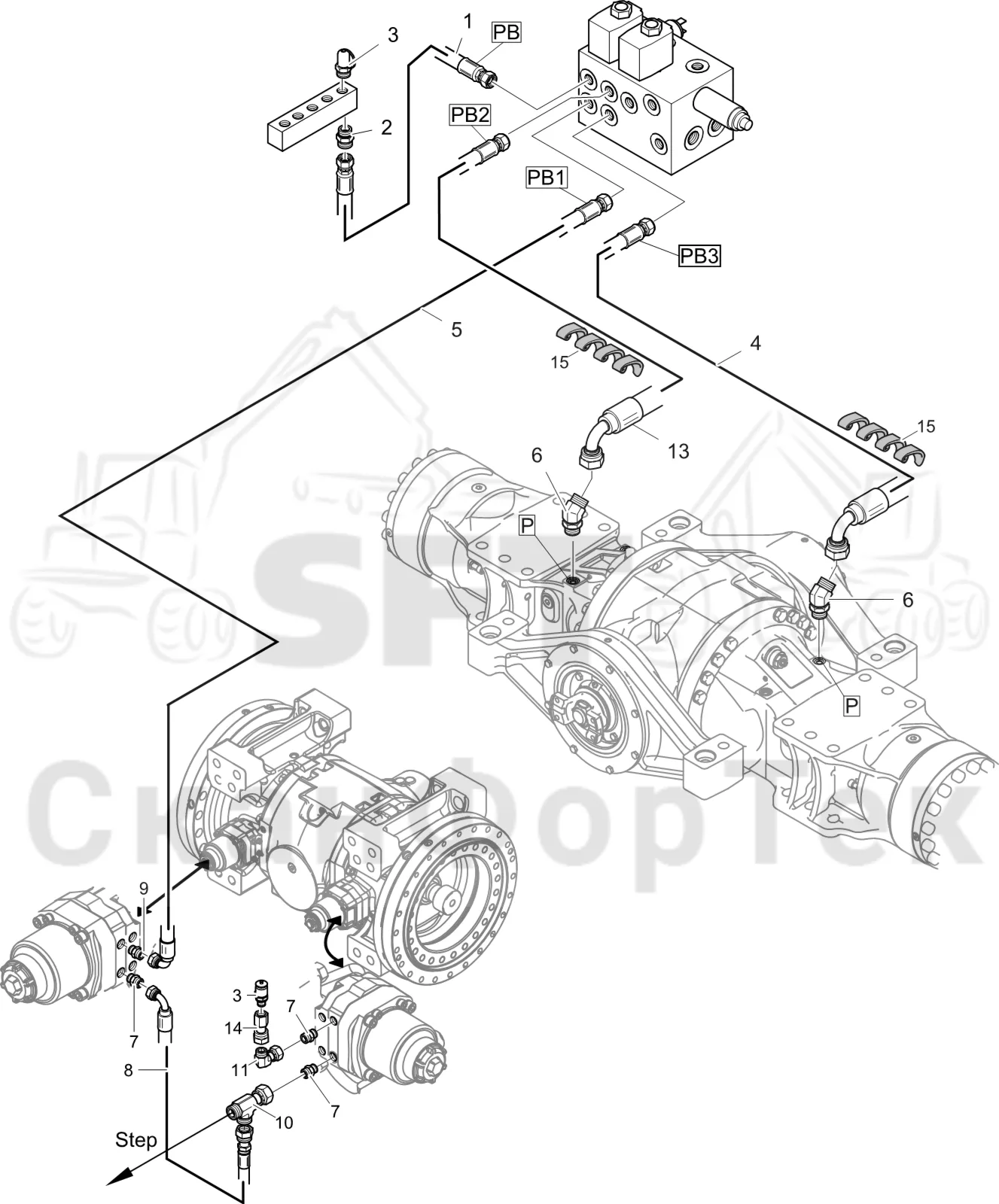 Схема: Komatsu / Лесозаготовительные машины / 951 S/N 9510004367- / Каталог запасных частей / Тормоза / Тормоза на 6 колес / Полноприводная тормозная система на 6 колес гидравлика