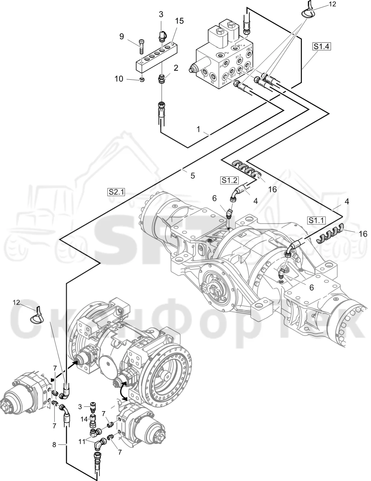 Схема: Komatsu / Лесозаготовительные машины / 951 S/N 9510004367- / Каталог запасных частей / Тормоза / Тормоза на 6 колес / Гидравлический стояночный тормоз на 6 колес