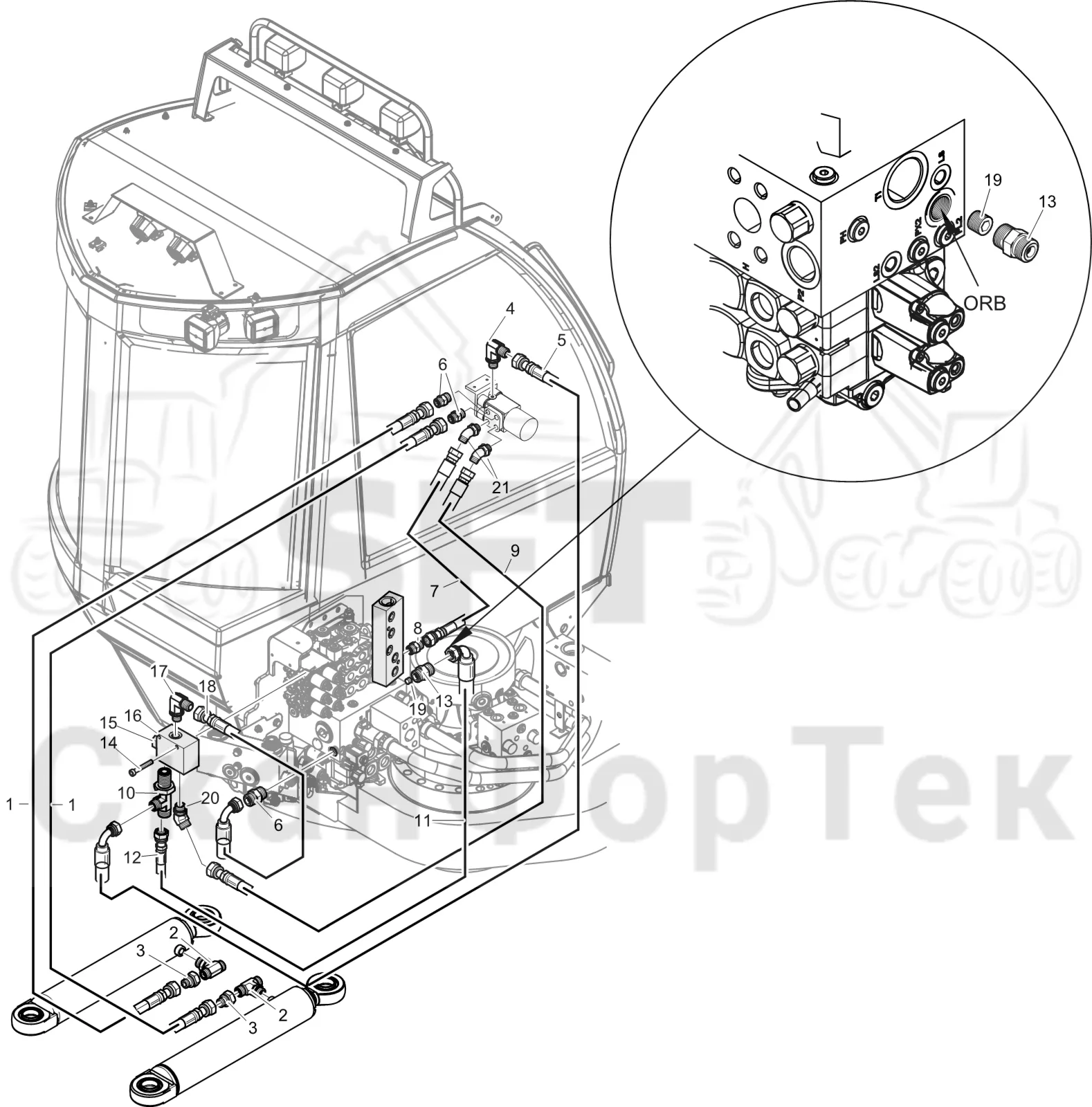 Схема: Komatsu / Лесозаготовительные машины / 951 S/N 9510004367- / Каталог запасных частей / Рулевое управление / Рулевое управление Orbitrol / Гидравлическое оборудование рулевого управления Orbitrol