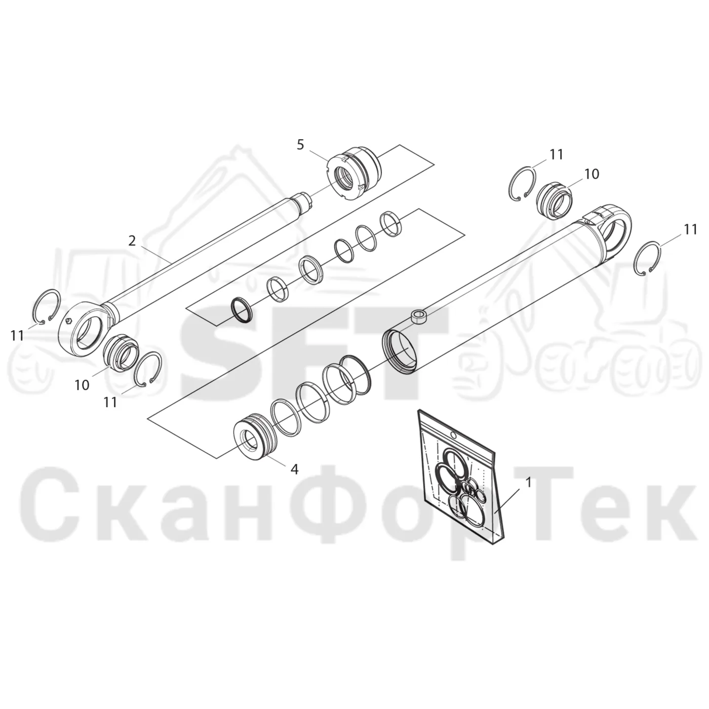 Схема: Komatsu / Лесозаготовительные машины / 951 S/N 9510004367- / Каталог запасных частей / Рулевое управление / Гидравлическое оборудование рулевого управления движением по грунту / Запасные части цилиндров рулевого управления
