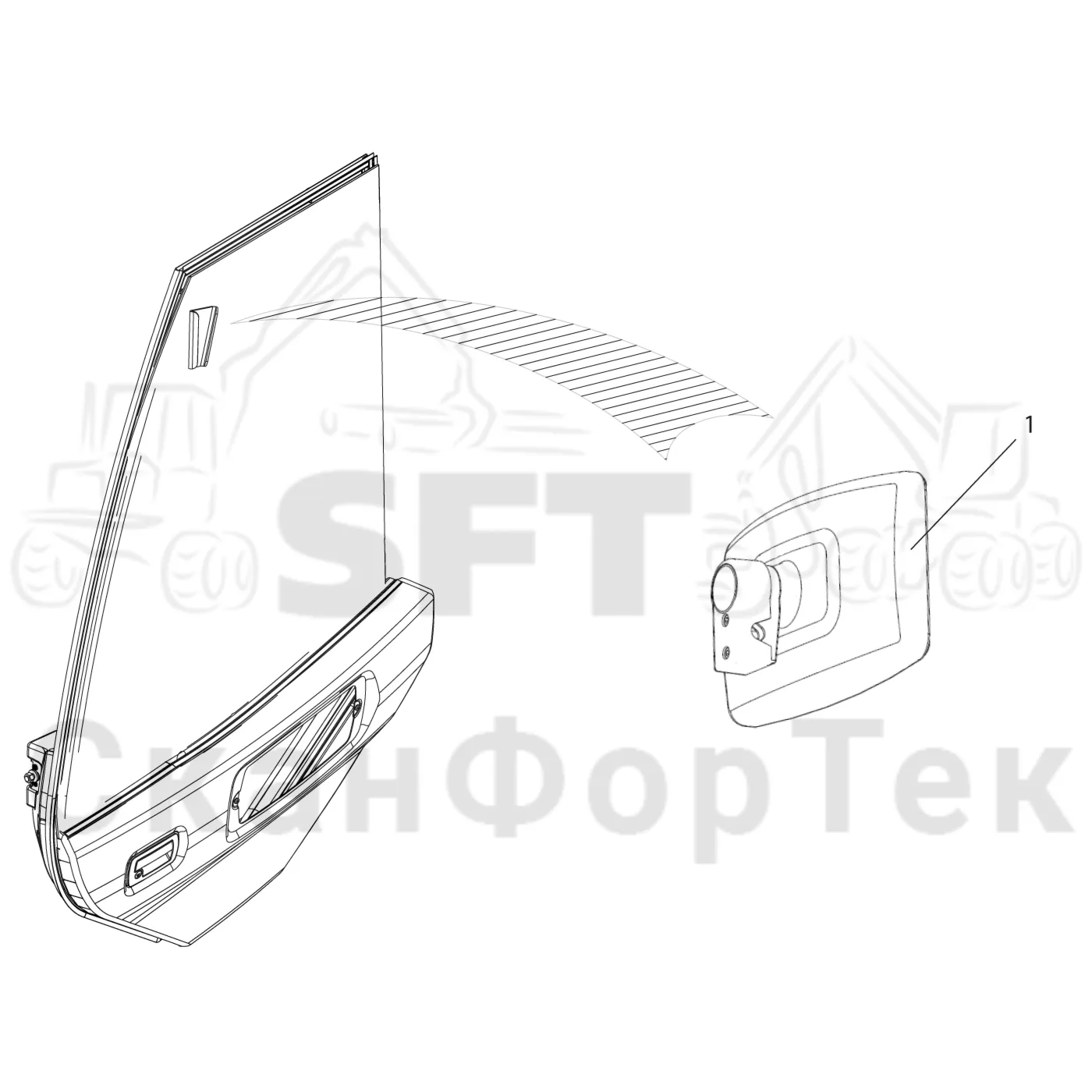 Схема: Komatsu / Лесозаготовительные машины / 911 S/N 9110062167- / Каталог запасных частей / Кабина / Кабина / Зеркало заднего вида