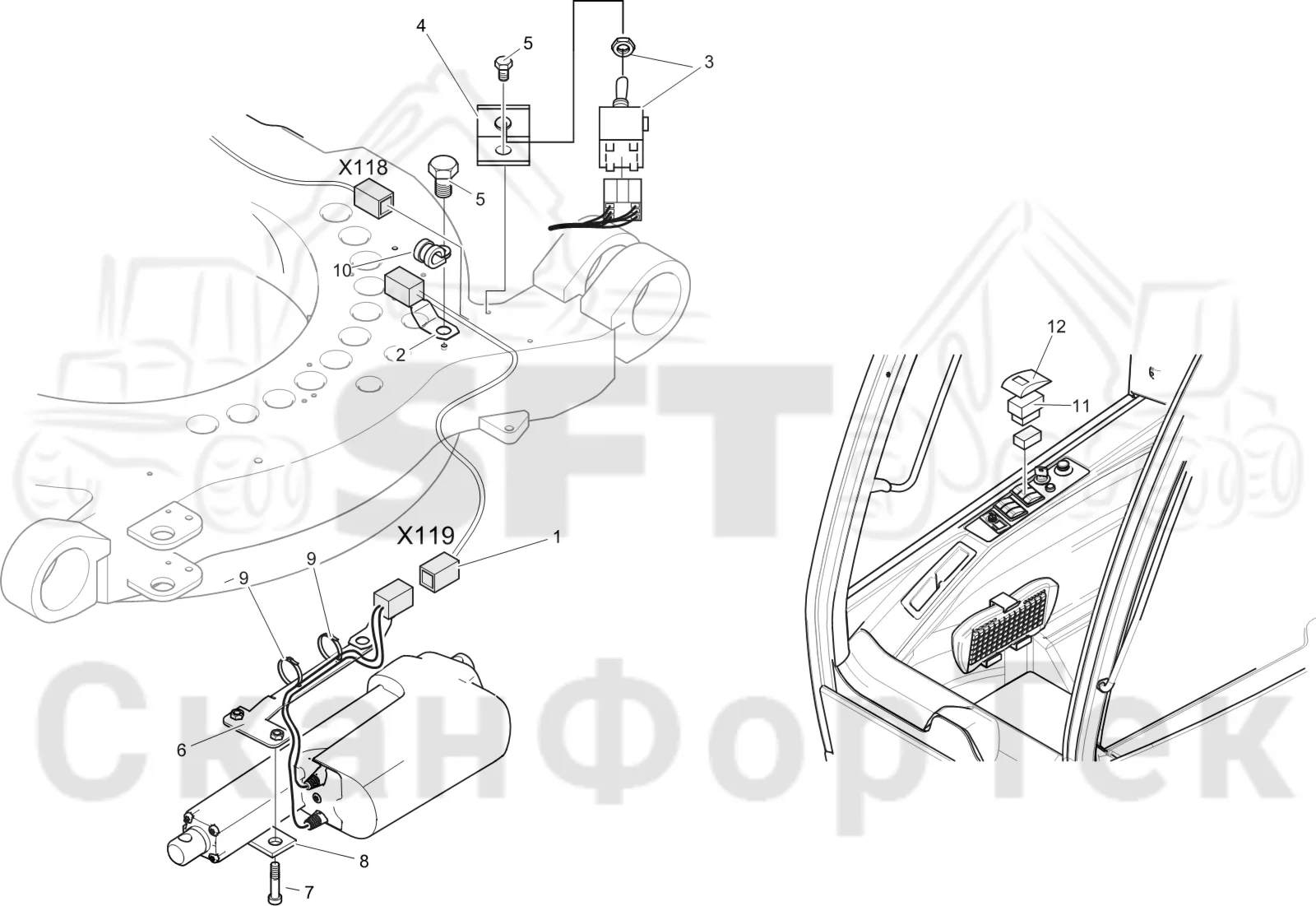 Схема: Komatsu / Лесозаготовительные машины / 951 S/N 9510004367- / Каталог запасных частей / Кабина / Кабина / Комплект электрооборудования платформы