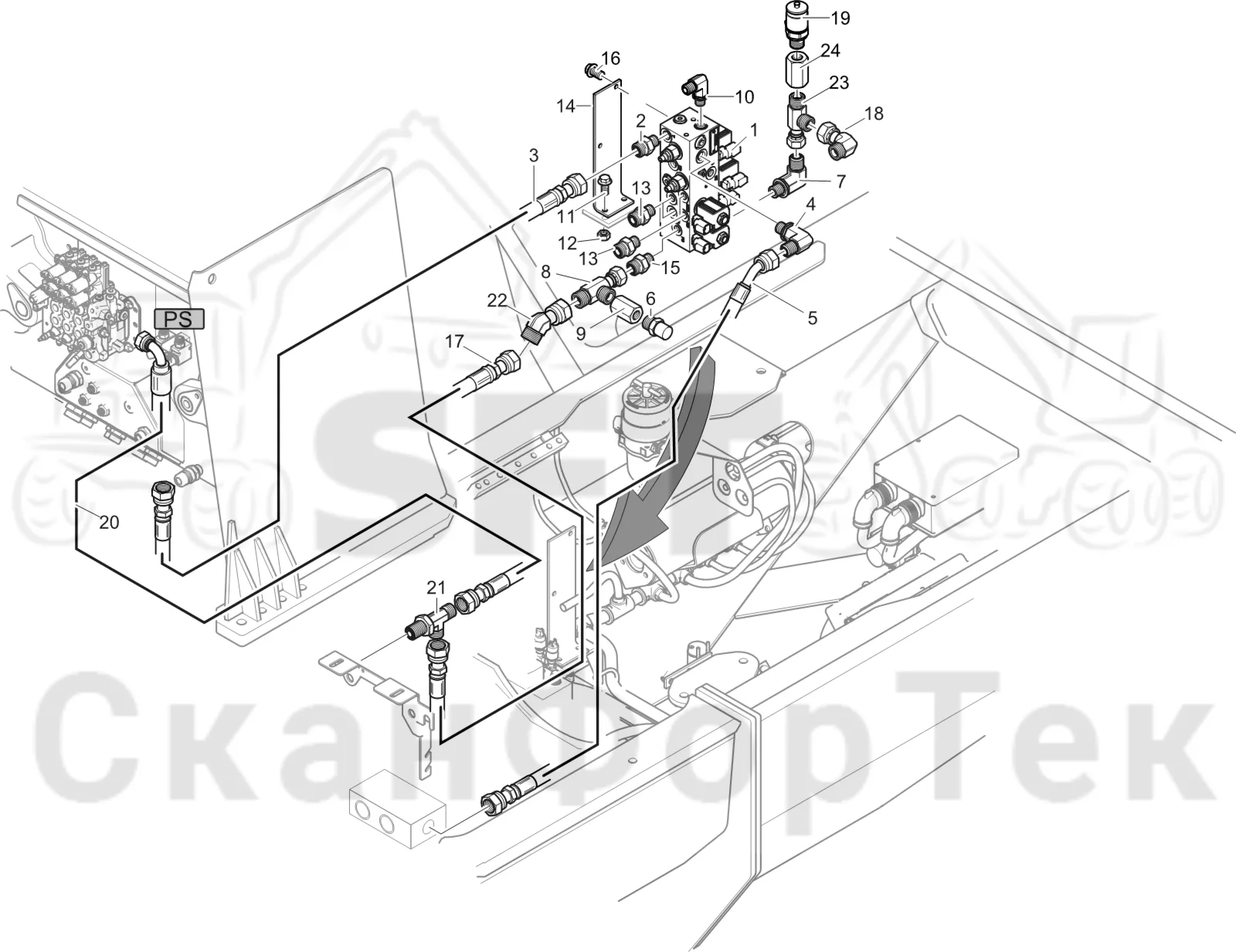 Схема: Komatsu / Лесозаготовительные машины / 931 S/N 9310021067- / Каталог запасных частей / Гидравлика / Клапан обслуживания