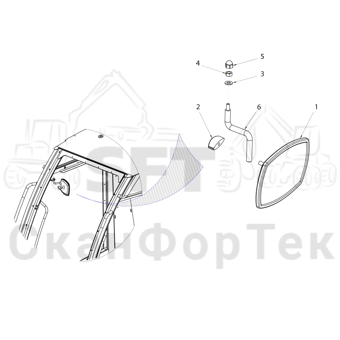 Схема: Komatsu / Лесозаготовительные машины / 951 S/N 9510004367- / Каталог запасных частей / Кабина / Кабина / Зеркало заднего вида