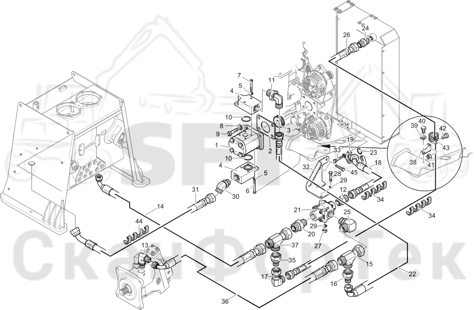 Схема: Komatsu / Лесозаготовительные машины / 911 S/N 9112062167- / Каталог запасных частей / Гидравлика / Охлаждение смазочного масла для гидравлических систем