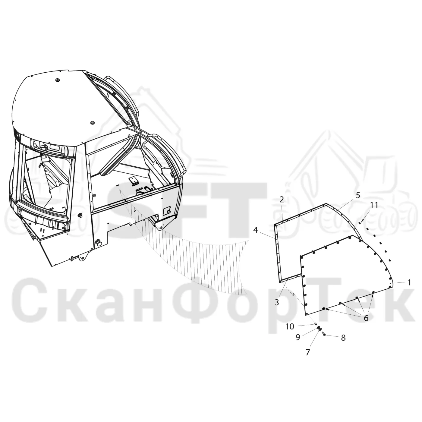 Схема: Komatsu / Лесозаготовительные машины / 911 S/N 9110062167- / Каталог запасных частей / Кабина / Экраны / Боковой экран