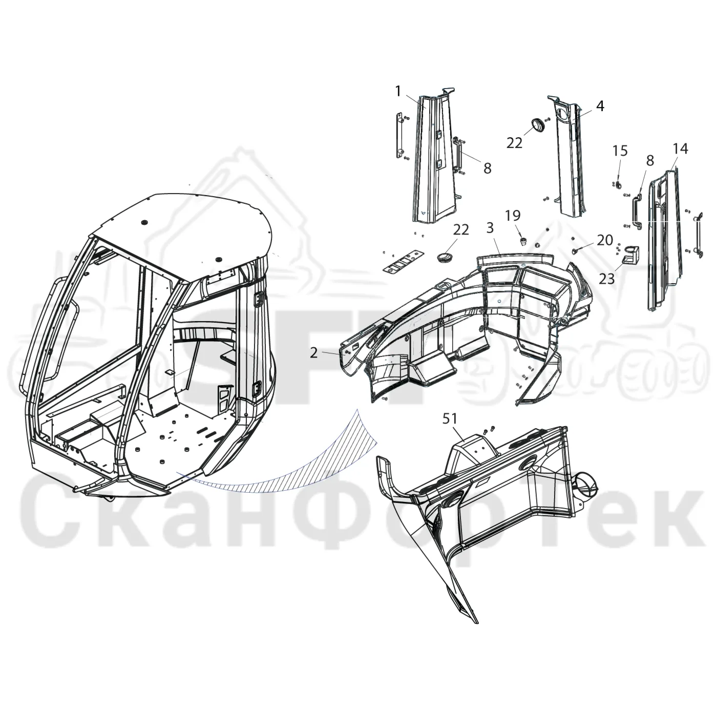 Схема: Komatsu / Лесозаготовительные машины / 901 S/N 9010053267- / Каталог запасных частей / Кабина / Салон / Салон
