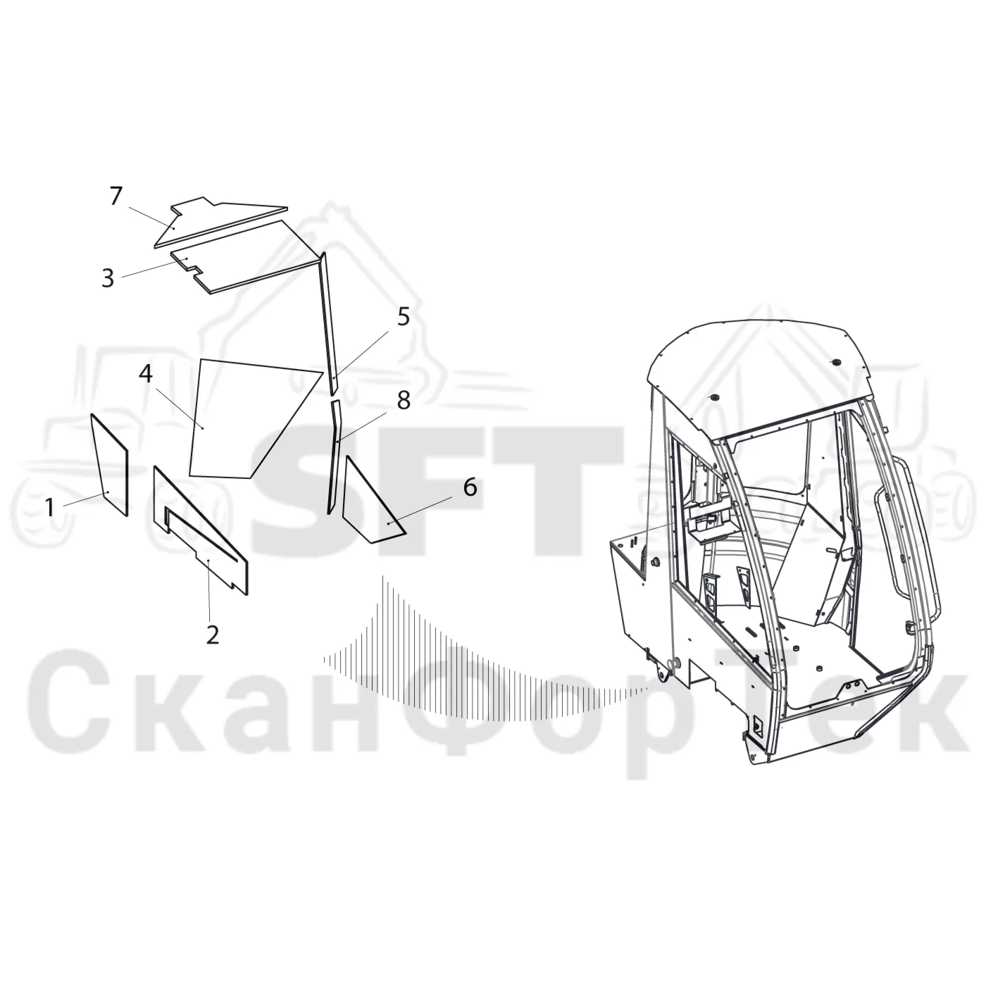 Схема: Komatsu / Лесозаготовительные машины / 901 S/N 9010053267- / Каталог запасных частей / Кабина / Салон / Изоляция