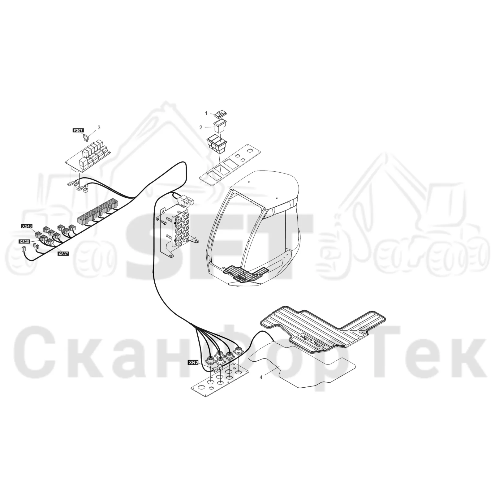 Схема: Komatsu / Лесозаготовительные машины / 911 S/N 9110062167- / Каталог запасных частей / Кабина / Салон / Подогреватель/Напольный коврик