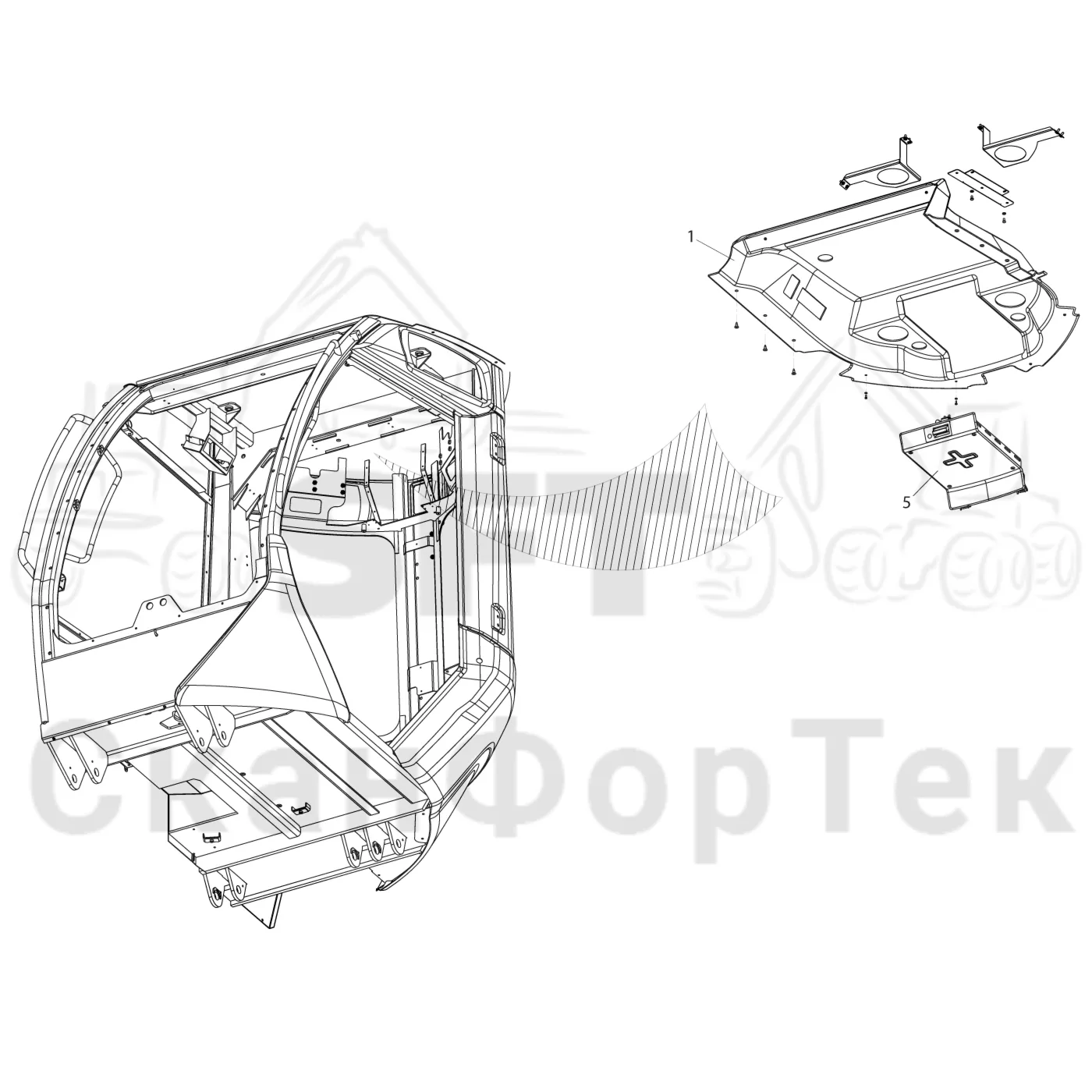 Схема: Komatsu / Лесозаготовительные машины / 931 S/N 9310021067- / Каталог запасных частей / Кабина / Салон / Крыша