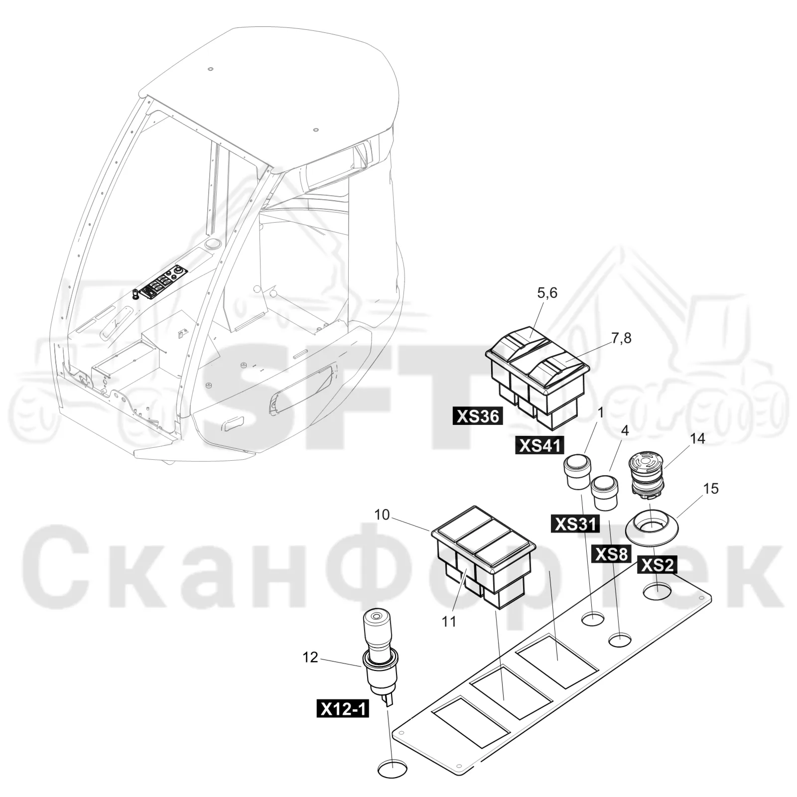 Схема: Komatsu / Лесозаготовительные машины / 901 S/N 9010053267- / Каталог запасных частей / Кабина / Салон / Приборная панель 9010053471-