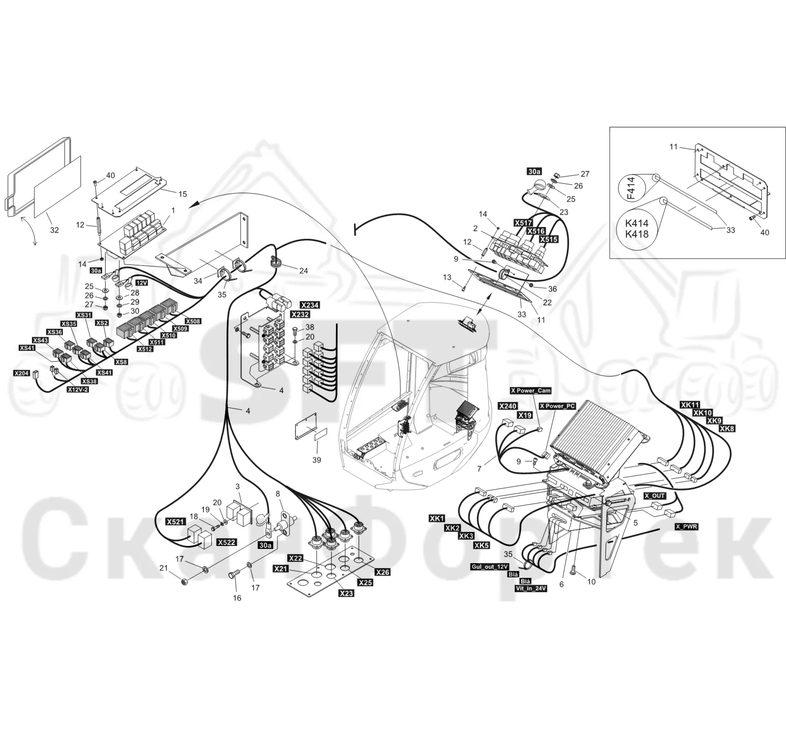 Схема: Komatsu / Лесозаготовительные машины / 931XC S/N 9313021208- / Каталог запасных частей / Кабина / Салон / Панель электрооборудования