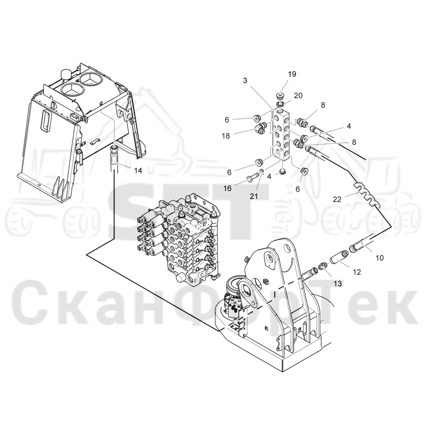 Схема: Komatsu / Лесозаготовительные машины / 931 / Каталог запасных частей / Подъемный кран / Кабина, гидравлика устройства поворота