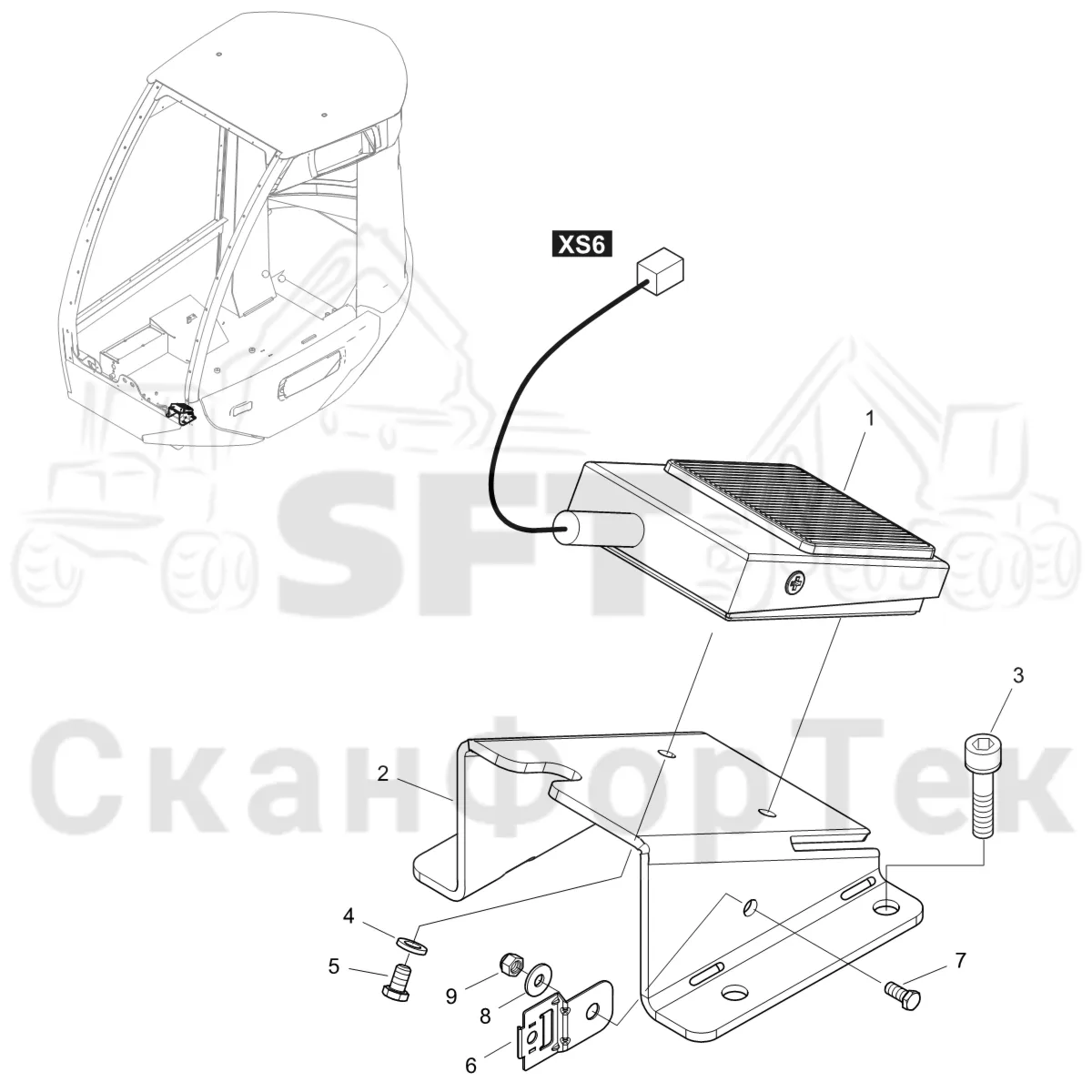 Схема: Komatsu / Лесозаготовительные машины / 901 S/N 9010053267- / Каталог запасных частей / Кабина / Салон / Направление хода ножного выключателя