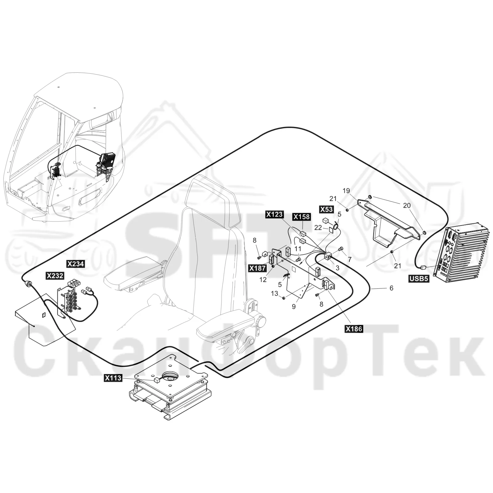 Схема: Komatsu / Лесозаготовительные машины / 951 S/N 9510004367- / Каталог запасных частей / Кабина / Сиденья / Комплект электрооборудования