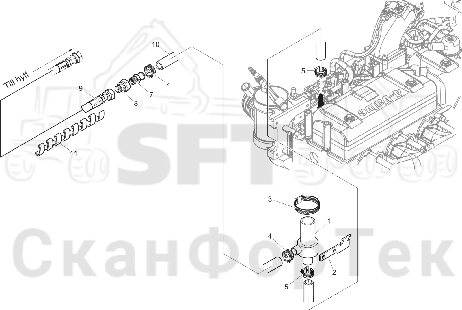Схема: Komatsu / Лесозаготовительные машины / 911 S/N 9112062167- / Каталог запасных частей / Кабина / Система обогрева и охлаждения / Обогревание кабины