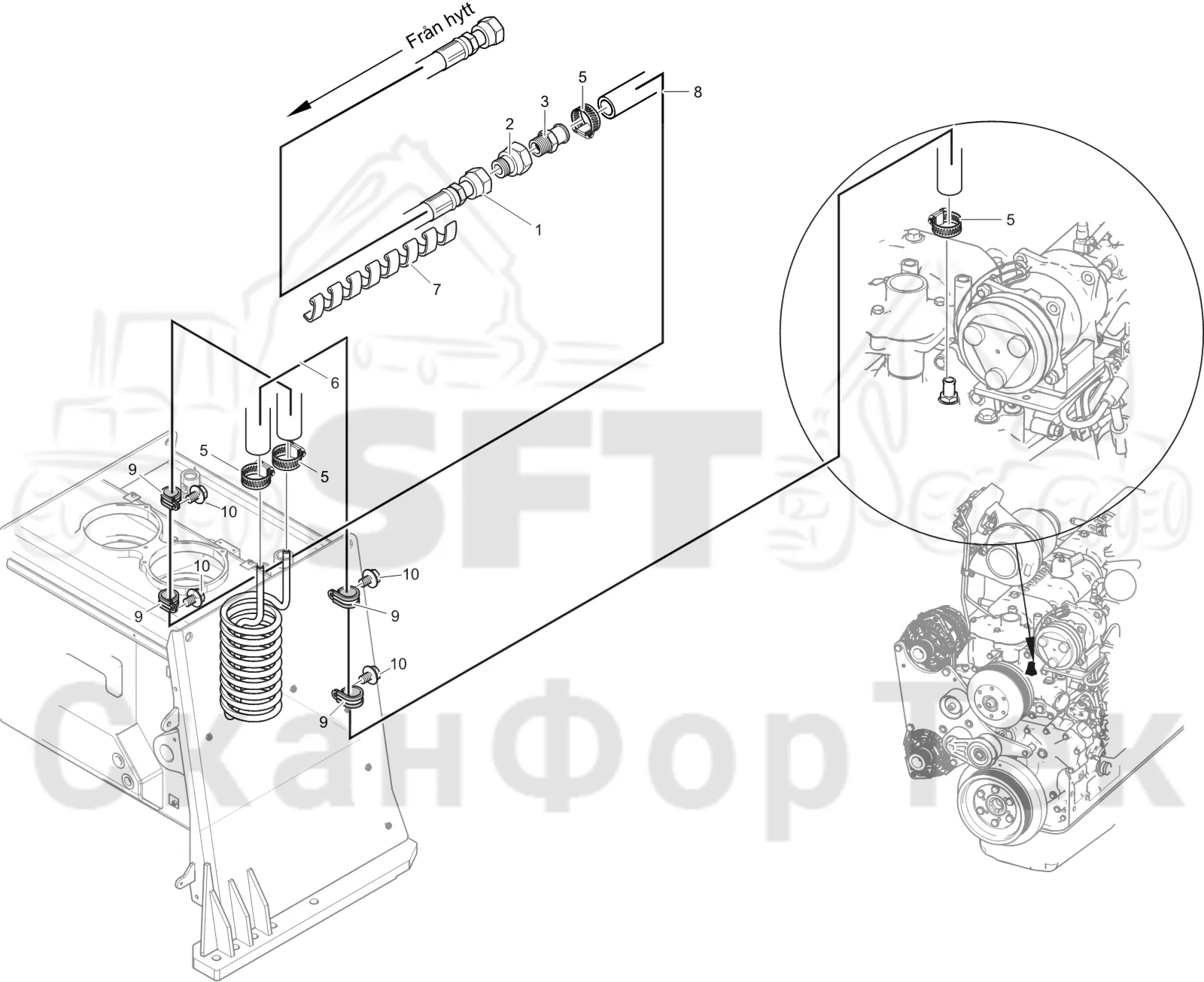 Схема: Komatsu / Лесозаготовительные машины / 901 S/N 9010053267- / Каталог запасных частей / Кабина / Система обогрева и охлаждения / Подогрев кабины с гидравлическим подогревателем бака