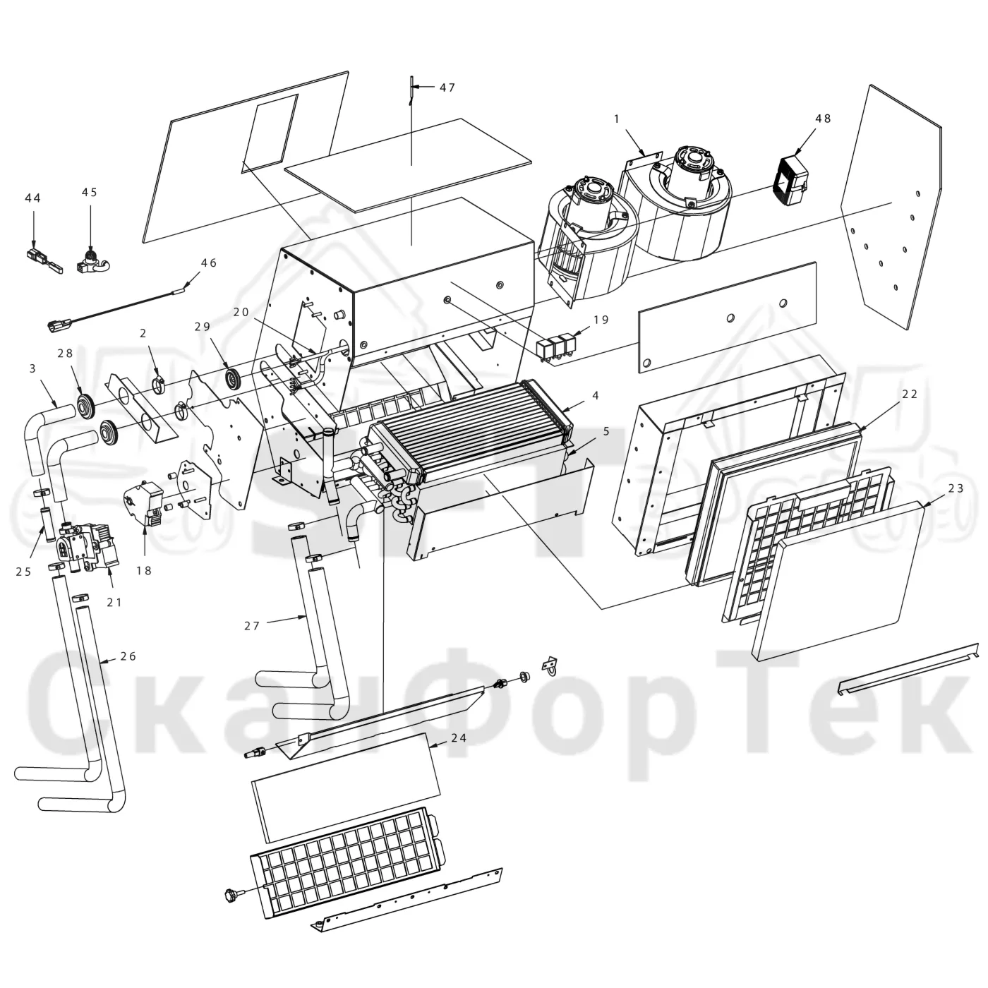 Схема: Komatsu / Лесозаготовительные машины / 901 S/N 9010053267- / Каталог запасных частей / Кабина / Система обогрева и охлаждения / Устройство кондиционирования воздуха