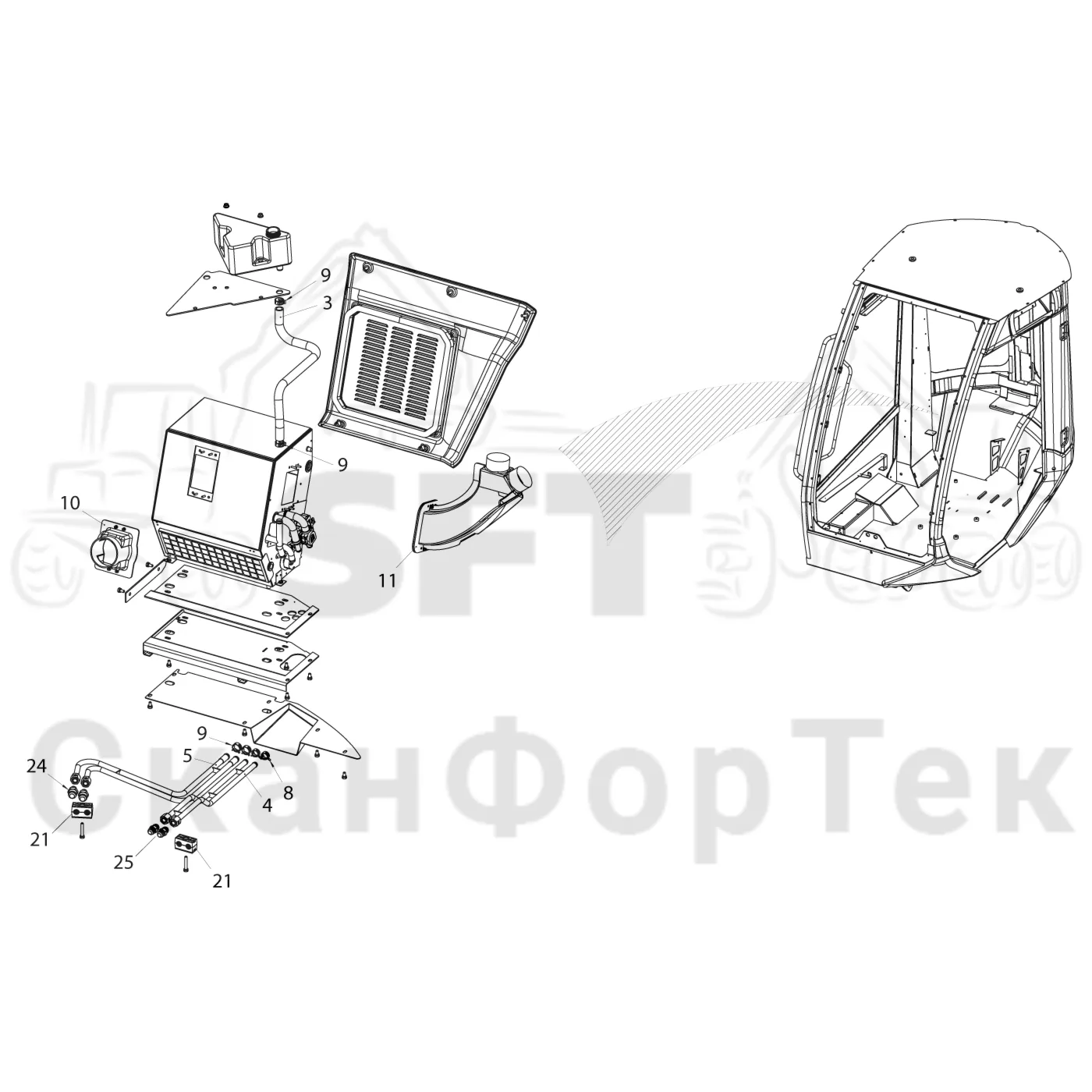 Схема: Komatsu / Лесозаготовительные машины / 951 S/N 9510004367- / Каталог запасных частей / Кабина / Система обогрева и охлаждения / Кондиционер трубопроводов