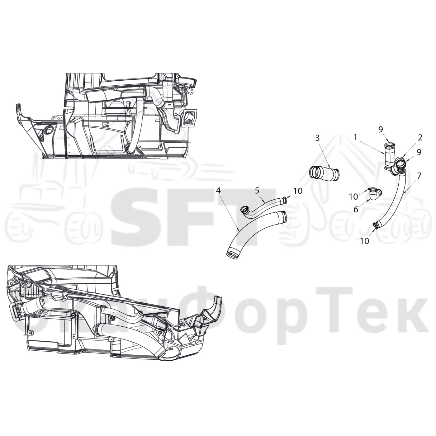 Схема: Komatsu / Лесозаготовительные машины / 911 S/N 9110062167- / Каталог запасных частей / Кабина / Система обогрева и охлаждения / Шланг кондиционера воздуха