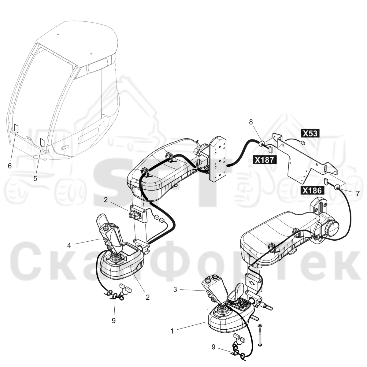 Схема: Komatsu / Лесозаготовительные машины / 931XC S/N 9313021208- / Каталог запасных частей / Система управления / Регулятор / Рычаги электрооборудования, KCC/EME, Sequence