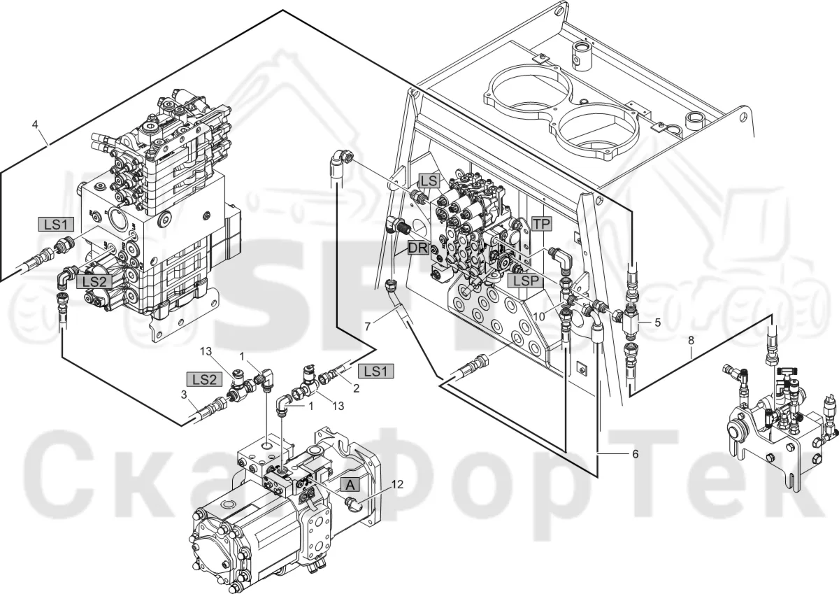 Схема: Komatsu / Лесозаготовительные машины / 951 S/N 9510004367- / Каталог запасных частей / Гидравлика / Гидравлические насосы / Сигнал LS линии гидравлики
