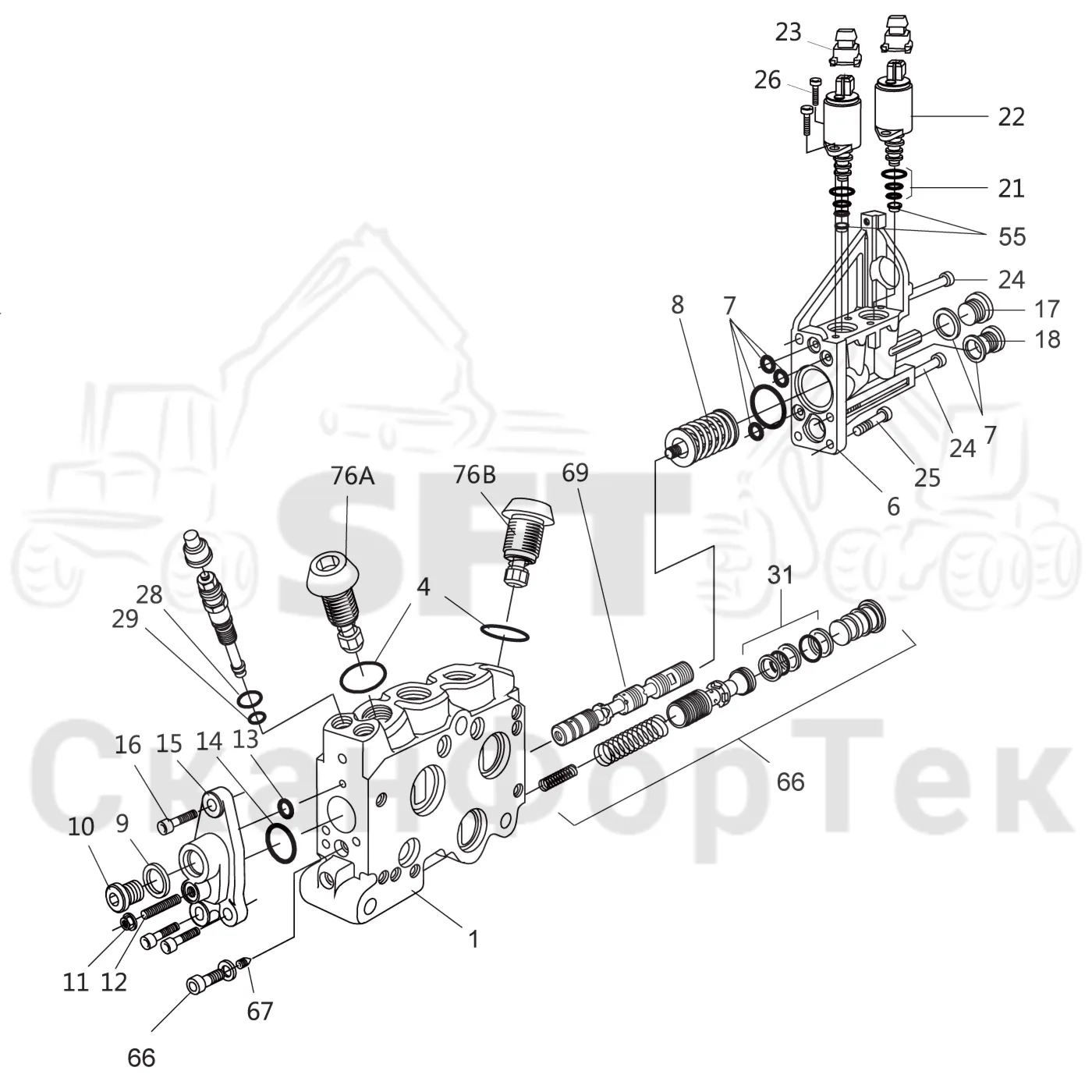 Схема: Komatsu / Лесозаготовительные машины / 911 S/N 9112062167- / Каталог запасных частей / Гидравлика / Клапан шасси / Наклон