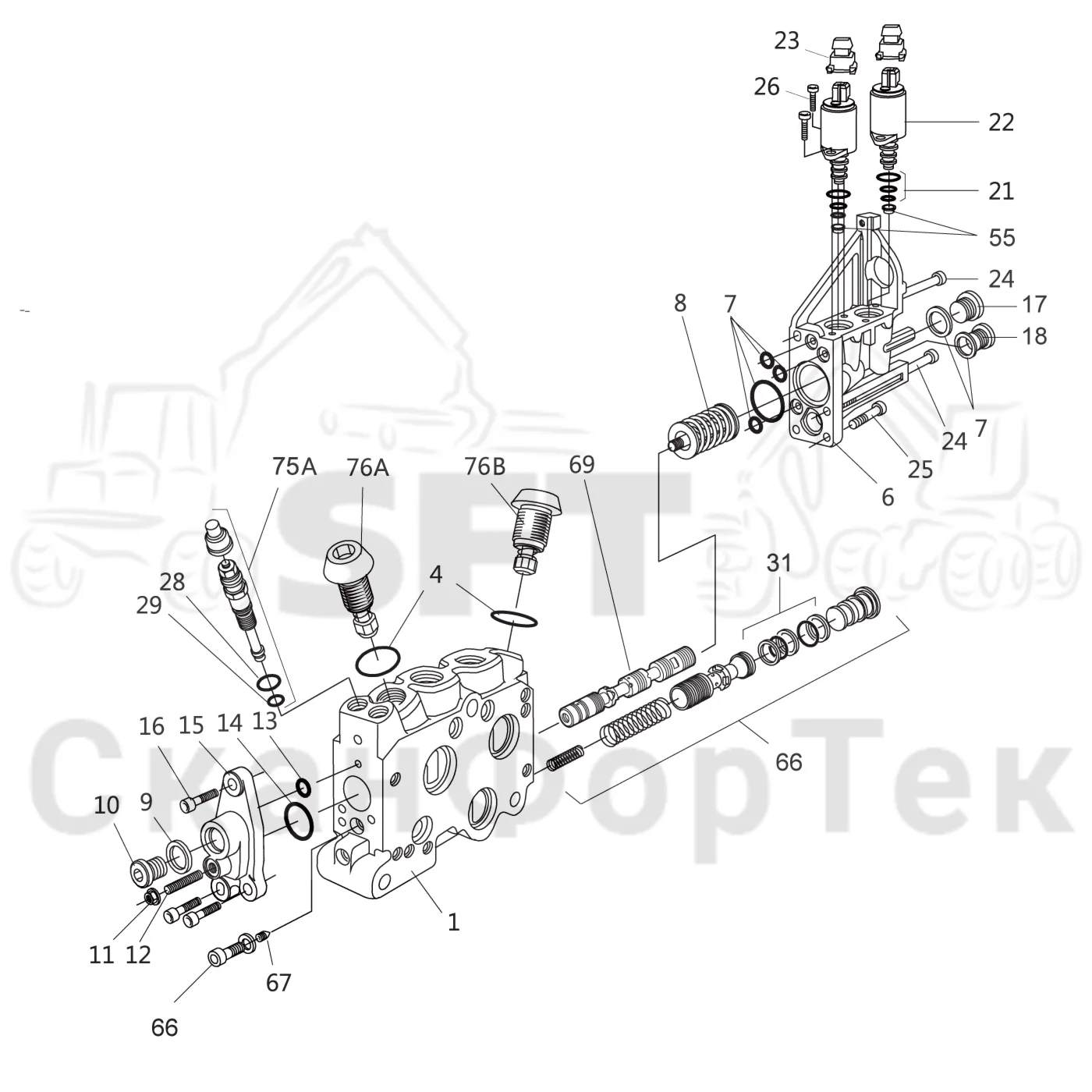 Схема: Komatsu / Лесозаготовительные машины / 931 S/N 9310021067- / Каталог запасных частей / Гидравлика / Клапан шасси / Рулевое управление