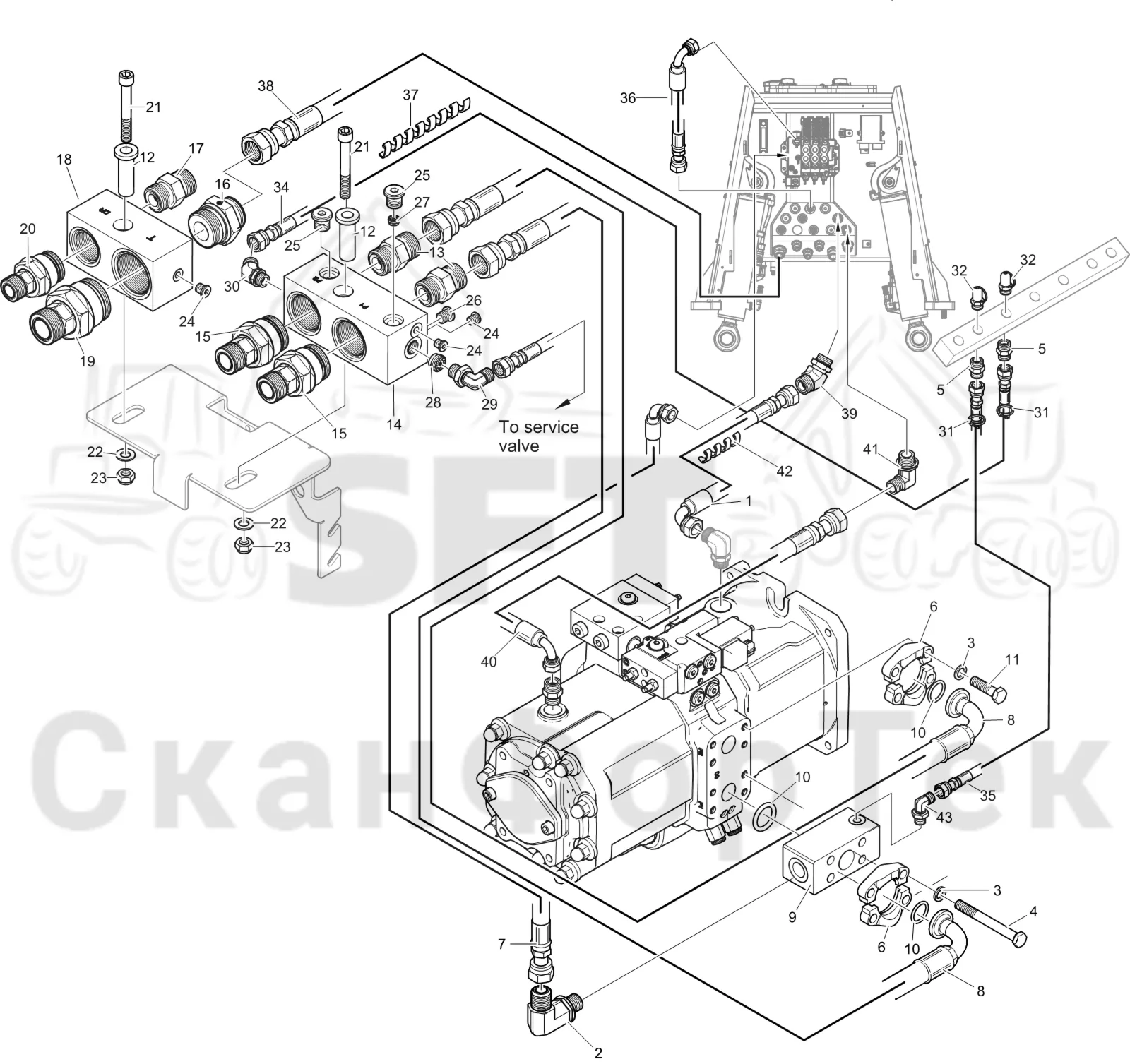 Схема: Komatsu / Лесозаготовительные машины / 951 S/N 9510004367- / Каталог запасных частей / Гидравлика / Клапан подъемного крана / Система впуска-выпуска